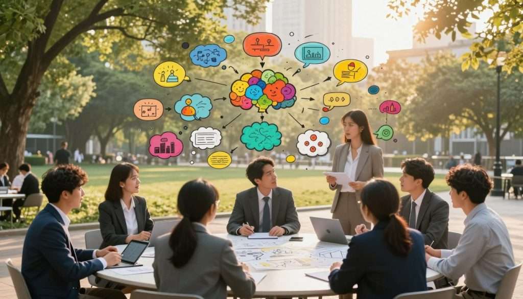 A serene urban park at sunrise, depicting the concept of cognitive flexibility. In the foreground, a diverse group of people in professional business attire is engaged in various activities—some brainstorming around a round table, while others sketch ideas on a digital tablet or discuss animatedly. The middle ground features colorful mind maps and abstract thought bubbles illustrating creative concepts and diverse problem-solving approaches. In the background, soft sunlight filters through leafy trees, casting warm, inviting light on the scene, with gentle shadows enhancing depth. The atmosphere is vibrant and inspiring, evoking a sense of collaboration, openness, and creative exploration, captured with a slightly elevated camera angle to emphasize the interactions and dynamic energy within the space.