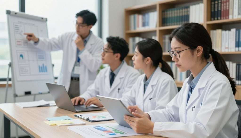 A serene, well-lit office environment showcasing a diverse group of four scientists in professional attire engaging in a collaborative analysis of data. In the foreground, a focused woman in glasses examines charts on a sleek tablet, surrounded by colorful graphs and notes. The middle of the scene features a thoughtful man pointing at a whiteboard filled with diagrams, while two others, a woman and a man, discuss insights over a laptop. The background reveals bookshelves filled with scientific literature, and a large window provides soft, natural light, creating a calm atmosphere. The overall mood is one of concentration and intellectual curiosity, symbolizing the pursuit of objective analysis and cognitive enhancement. A serene, well-lit office environment showcasing a diverse group of four scientists in professional attire engaging in a collaborative analysis of data. In the foreground, a focused woman in glasses examines charts on a sleek tablet, surrounded by colorful graphs and notes. The middle of the scene features a thoughtful man pointing at a whiteboard filled with diagrams, while two others, a woman and a man, discuss insights over a laptop. The background reveals bookshelves filled with scientific literature, and a large window provides soft, natural light, creating a calm atmosphere. The overall mood is one of concentration and intellectual curiosity, symbolizing the pursuit of objective analysis and cognitive enhancement.