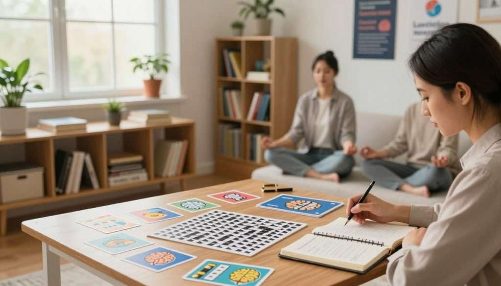 A serene, well-lit room showcasing various brain health activities. In the foreground, a focused individual in professional attire is engaged in a lively crossword puzzle, surrounded by colorful brain training cards and a journal filled with notes. The middle section features a cozy nook with a bookshelf overflowing with books on cognitive science and mindfulness. A soft glow from a nearby window illuminates potted plants and a meditation corner, where another person dressed in modest casual clothing practices mindfulness techniques. In the background, subtle motivational posters hint at focus and memory enhancement. The atmosphere is calm yet energizing, with warm lighting emphasizing concentration and growth, creating an inspiring environment for brain training.