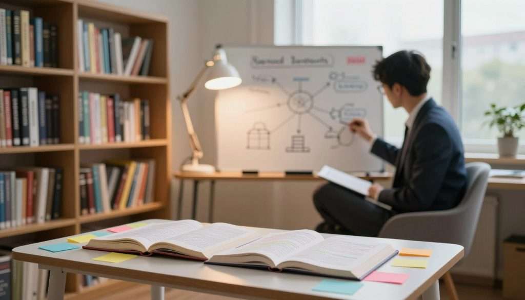 A serene, well-organized study space illustrating efficient learning methods. In the foreground, a small table with open books and colorful notes scattered around, showcasing different subjects and topics. A focused individual in professional attire, sitting cross-legged on a comfortable chair, is engaged in solving complex problems using a whiteboard filled with interconnected concepts and diagrams. In the middle ground, a soft glow emanates from a desk lamp, casting warm light on the workspace, enhancing the focus. The background features a bookshelf filled with diverse educational materials and a large window allowing natural light to pour in, symbolizing enlightenment and clarity. The overall atmosphere is one of tranquility and productivity, suggesting an inspiring learning environment. A serene, well-organized study space illustrating efficient learning methods. In the foreground, a small table with open books and colorful notes scattered around, showcasing different subjects and topics. A focused individual in professional attire, sitting cross-legged on a comfortable chair, is engaged in solving complex problems using a whiteboard filled with interconnected concepts and diagrams. In the middle ground, a soft glow emanates from a desk lamp, casting warm light on the workspace, enhancing the focus. The background features a bookshelf filled with diverse educational materials and a large window allowing natural light to pour in, symbolizing enlightenment and clarity. The overall atmosphere is one of tranquility and productivity, suggesting an inspiring learning environment.