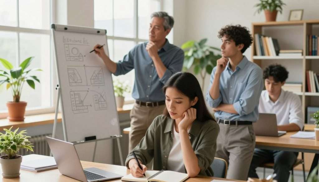A serene workspace depicting a diverse group of three professionals engaged in cultivating curiosity, surrounded by elements that inspire a growth mindset. In the foreground, a young woman in a smart casual outfit is writing notes in a notebook, her expression of deep focus and curiosity. The middle layer features a middle-aged man showing diagrams on a whiteboard, with a thoughtful gaze, engaging the attention of a young man beside him, who is dressed in a business casual shirt, nodding in understanding. In the background, bright natural light filters through large windows, casting a warm glow on potted plants and bookshelves filled with educational materials. The atmosphere is one of collaboration, learning, and inspiration, highlighting the daily habits that foster curiosity. The image should capture a sense of motivation and openness, shot from a slightly elevated angle to encompass all participants and the vibrant setting.