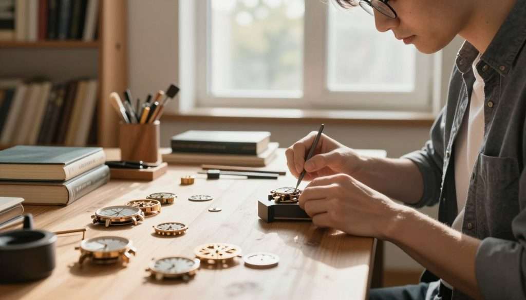 A serene workspace designed for focused learning, featuring an open wooden desk with intricate clock components scattered around, symbolizing the watchmaker’s precision. In the foreground, a professional individual in smart casual attire meticulously assembles a delicate watch mechanism, embodying the concept of focused learning. The middle layer showcases a large window with soft, natural sunlight streaming in, illuminating the desk and creating a warm, inviting atmosphere. In the background, shelves are lined with books and tools, blending seamlessly into the calming environment. The overall mood is one of balance and harmony, emphasizing the importance of focus paired with moments of reflection and rest. The composition captures the essence of careful craftsmanship and thoughtful learning. A serene workspace designed for focused learning, featuring an open wooden desk with intricate clock components scattered around, symbolizing the watchmaker’s precision. In the foreground, a professional individual in smart casual attire meticulously assembles a delicate watch mechanism, embodying the concept of focused learning. The middle layer showcases a large window with soft, natural sunlight streaming in, illuminating the desk and creating a warm, inviting atmosphere. In the background, shelves are lined with books and tools, blending seamlessly into the calming environment. The overall mood is one of balance and harmony, emphasizing the importance of focus paired with moments of reflection and rest. The composition captures the essence of careful craftsmanship and thoughtful learning.