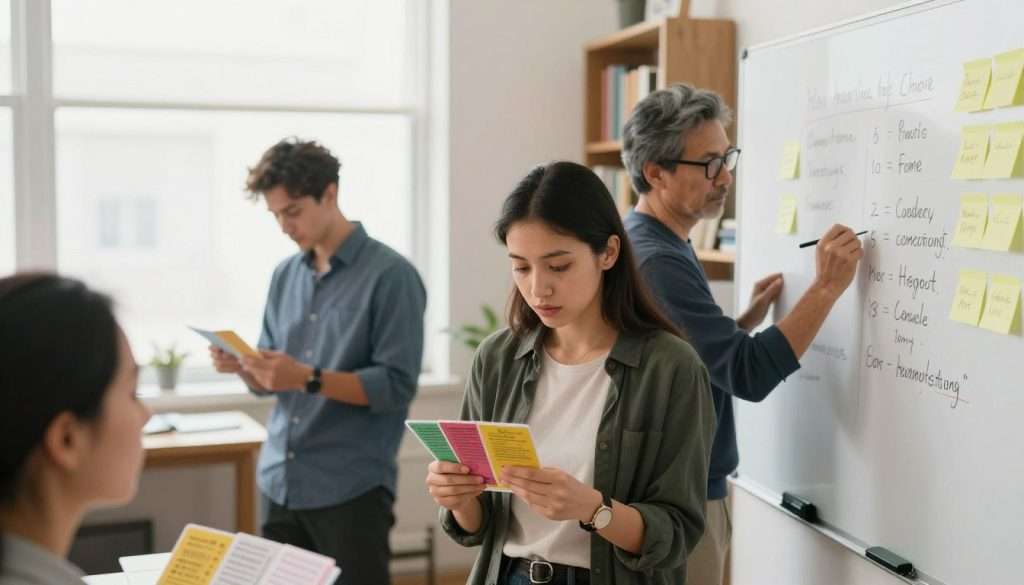 A serene workspace featuring a diverse group of three individuals engaged in memory training exercises. In the foreground, a young woman in smart casual attire is using colorful flashcards, her expression focused and determined. Beside her, a middle-aged man with glasses writes notes on a whiteboard, surrounded by sticky notes filled with mnemonic devices. In the background, a bright window casts soft, natural light, creating an inviting atmosphere. Shelves lined with books on cognitive psychology and memory techniques can be seen. The overall mood is inspiring and productive, emphasizing collaboration and personal growth in memory development. The composition is framed from a high angle, capturing the dynamism of the training session without any text or distractions. A serene workspace featuring a diverse group of three individuals engaged in memory training exercises. In the foreground, a young woman in smart casual attire is using colorful flashcards, her expression focused and determined. Beside her, a middle-aged man with glasses writes notes on a whiteboard, surrounded by sticky notes filled with mnemonic devices. In the background, a bright window casts soft, natural light, creating an inviting atmosphere. Shelves lined with books on cognitive psychology and memory techniques can be seen. The overall mood is inspiring and productive, emphasizing collaboration and personal growth in memory development. The composition is framed from a high angle, capturing the dynamism of the training session without any text or distractions.