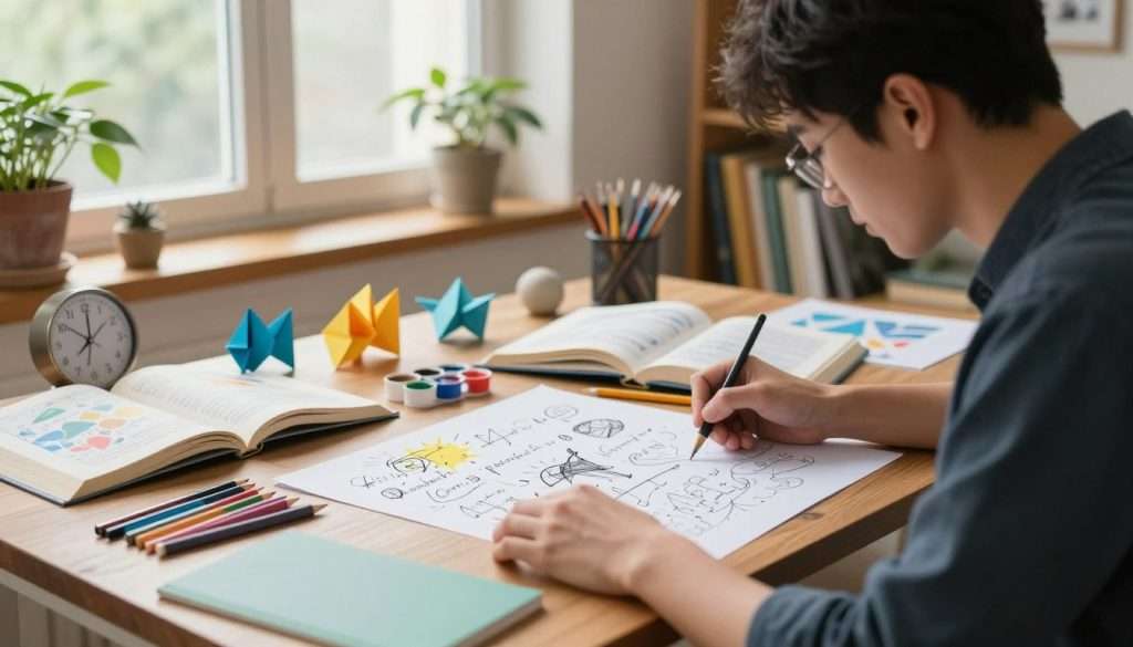 A serene workspace featuring a focused individual sitting at a wooden desk, surrounded by an array of colorful art supplies, open books, and scientific tools. The foreground shows the person in professional attire, deeply engaged in sketching complex equations and imaginative doodles on paper. In the middle, bright splashes of paint and playful origami creations add a creative contrast, while a small clock displays the passage of time. The background features soft natural lighting filtering through a large window, illuminating potted plants and shelves filled with books and art pieces. The overall mood is one of balanced concentration and creative energy, harmonizing intellect and imagination in a cozy, inspiring environment. A serene workspace featuring a focused individual sitting at a wooden desk, surrounded by an array of colorful art supplies, open books, and scientific tools. The foreground shows the person in professional attire, deeply engaged in sketching complex equations and imaginative doodles on paper. In the middle, bright splashes of paint and playful origami creations add a creative contrast, while a small clock displays the passage of time. The background features soft natural lighting filtering through a large window, illuminating potted plants and shelves filled with books and art pieces. The overall mood is one of balanced concentration and creative energy, harmonizing intellect and imagination in a cozy, inspiring environment.