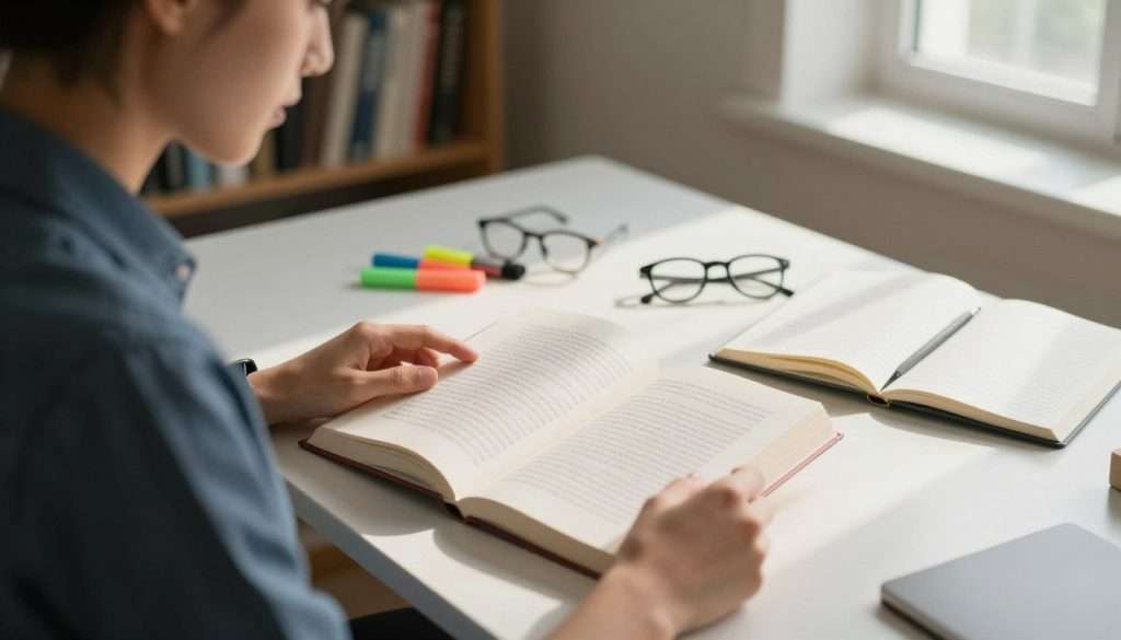 A serene workspace featuring an individual sitting at a desk, deeply focused on an open book. The foreground highlights the person, dressed in smart casual attire, with an attentive expression, absorbing the text. In the middle space, the desk is organized with highlighters, reading glasses, and a notebook, emphasizing a productive reading environment. Soft, natural light streams through a nearby window, casting gentle shadows and creating a warm ambiance. The background reveals bookshelves filled with various titles, symbolizing knowledge and learning. Overall, the atmosphere is calm and inspiring, encouraging a sense of concentration and efficient reading practices. The lens captures the scene from a slightly elevated angle, providing depth and drawing attention to the act of reading. A serene workspace featuring an individual sitting at a desk, deeply focused on an open book. The foreground highlights the person, dressed in smart casual attire, with an attentive expression, absorbing the text. In the middle space, the desk is organized with highlighters, reading glasses, and a notebook, emphasizing a productive reading environment. Soft, natural light streams through a nearby window, casting gentle shadows and creating a warm ambiance. The background reveals bookshelves filled with various titles, symbolizing knowledge and learning. Overall, the atmosphere is calm and inspiring, encouraging a sense of concentration and efficient reading practices. The lens captures the scene from a slightly elevated angle, providing depth and drawing attention to the act of reading.