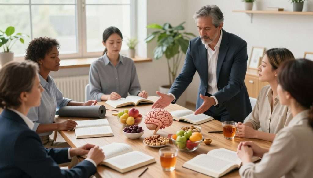 A serene workspace illustrating lifestyle factors promoting neuroplasticity. In the foreground, a diverse group of four adults (two men and two women) dressed in professional business attire, engaged in collaborative discussions. One individual is practicing mindfulness meditation, while another is standing, gesturing towards a brain model on a table filled with healthy snacks (fruits, nuts, and herbal teas). The middle ground features a large wooden table strewn with open books on cognitive science, along with a yoga mat rolled up to one side. The background showcases a large window letting in soft, natural light, illuminating green plants. The overall mood is vibrant and inspiring, emphasizing brain health and connectivity. Use a slightly elevated perspective for depth, focusing on warm tones to create a welcoming atmosphere. A serene workspace illustrating lifestyle factors promoting neuroplasticity. In the foreground, a diverse group of four adults (two men and two women) dressed in professional business attire, engaged in collaborative discussions. One individual is practicing mindfulness meditation, while another is standing, gesturing towards a brain model on a table filled with healthy snacks (fruits, nuts, and herbal teas). The middle ground features a large wooden table strewn with open books on cognitive science, along with a yoga mat rolled up to one side. The background showcases a large window letting in soft, natural light, illuminating green plants. The overall mood is vibrant and inspiring, emphasizing brain health and connectivity. Use a slightly elevated perspective for depth, focusing on warm tones to create a welcoming atmosphere.