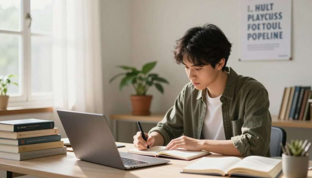 A serene workspace reflecting a blend of personal growth and daily responsibilities. In the foreground, a young adult studying at a desk filled with books, notes, and a laptop, wearing smart casual attire. They are focused, jotting down ideas in a notebook, embodying dedication to lifelong learning. In the middle, a potted plant and a motivational poster on the wall signify personal growth. The background features a softly lit window with sunlight filtering through sheer curtains, illuminating the workspace. The overall mood is calm and inspiring, encouraging self-improvement amidst a busy life, viewed from a slightly elevated angle. Warm, natural lighting enhances the inviting atmosphere, making it relatable and aspirational. A serene workspace reflecting a blend of personal growth and daily responsibilities. In the foreground, a young adult studying at a desk filled with books, notes, and a laptop, wearing smart casual attire. They are focused, jotting down ideas in a notebook, embodying dedication to lifelong learning. In the middle, a potted plant and a motivational poster on the wall signify personal growth. The background features a softly lit window with sunlight filtering through sheer curtains, illuminating the workspace. The overall mood is calm and inspiring, encouraging self-improvement amidst a busy life, viewed from a slightly elevated angle. Warm, natural lighting enhances the inviting atmosphere, making it relatable and aspirational.