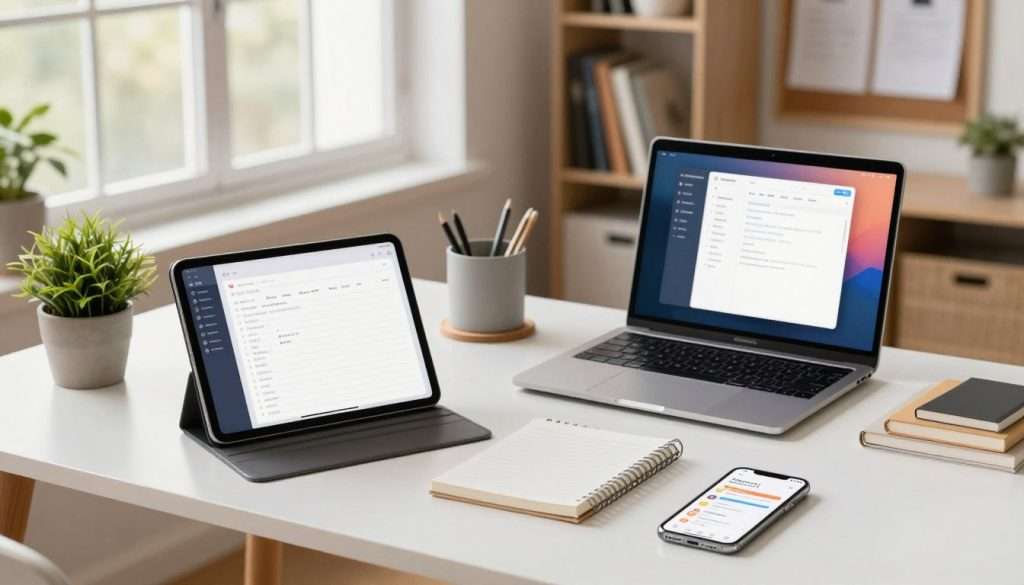 A sleek workspace featuring an array of digital note-taking tools, such as a tablet displaying a note-taking app, a laptop open to a productivity software, and a smartphone showcasing reminders. In the foreground, a stylish modern desk with a minimalist design houses these devices, surrounded by organized stationery and a potted plant to add freshness. The middle ground reveals a cozy, well-lit room with large windows letting in soft natural light, highlighting the screens' vibrant visuals. In the background, shelves filled with books and a bulletin board with clipped papers enhance the creative atmosphere. The mood is inviting and productive, reflecting an environment conducive to effective note-taking. The angle is slightly elevated, capturing the entire scene in focus for maximum engagement. A sleek workspace featuring an array of digital note-taking tools, such as a tablet displaying a note-taking app, a laptop open to a productivity software, and a smartphone showcasing reminders. In the foreground, a stylish modern desk with a minimalist design houses these devices, surrounded by organized stationery and a potted plant to add freshness. The middle ground reveals a cozy, well-lit room with large windows letting in soft natural light, highlighting the screens' vibrant visuals. In the background, shelves filled with books and a bulletin board with clipped papers enhance the creative atmosphere. The mood is inviting and productive, reflecting an environment conducive to effective note-taking. The angle is slightly elevated, capturing the entire scene in focus for maximum engagement.
