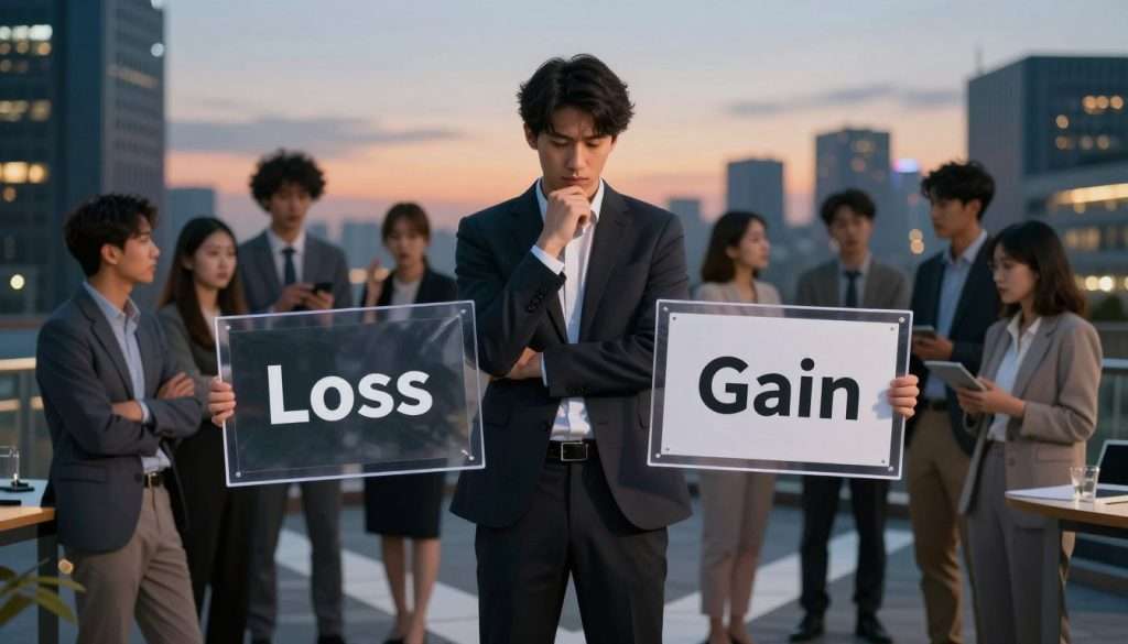 A split scene visually illustrating the "Framing Effect" in decision-making. In the foreground, a professional individual in business attire stands at a crossroads, looking pensive while holding two clear panels displaying contrasting scenarios: one labeled “Loss” with an ominous tone, and the other “Gain” radiating optimism. In the middle ground, diverse people engage in discussions, their expressions reflecting varying emotional responses based on the frames presented to them. The background shows a cityscape at dusk, with warm, inviting lighting that gradually shifts to cooler tones, symbolizing the impact of context on choices. The atmosphere is thought-provoking, encouraging viewers to consider how presentation influences perception. The composition uses a slightly blurred depth of field to emphasize the foreground elements while providing context without distraction. A split scene visually illustrating the "Framing Effect" in decision-making. In the foreground, a professional individual in business attire stands at a crossroads, looking pensive while holding two clear panels displaying contrasting scenarios: one labeled “Loss” with an ominous tone, and the other “Gain” radiating optimism. In the middle ground, diverse people engage in discussions, their expressions reflecting varying emotional responses based on the frames presented to them. The background shows a cityscape at dusk, with warm, inviting lighting that gradually shifts to cooler tones, symbolizing the impact of context on choices. The atmosphere is thought-provoking, encouraging viewers to consider how presentation influences perception. The composition uses a slightly blurred depth of field to emphasize the foreground elements while providing context without distraction.