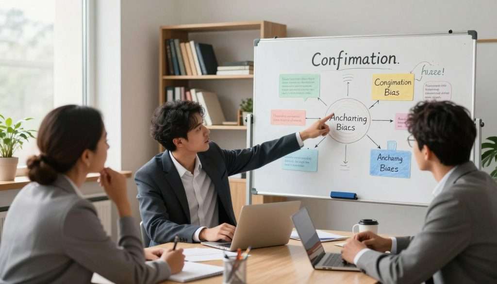 A thought-provoking illustration depicting common cognitive biases, set in a professional office environment. In the foreground, a diverse group of three individuals—two men and one woman—are engaged in a deep discussion around a large table, all dressed in business attire. One person is pointing at a whiteboard filled with colorful diagrams and keywords illustrating various biases like confirmation bias and anchoring bias. In the middle ground, shelves filled with books on psychology and critical thinking are visible, suggesting a resourceful atmosphere. The background features large windows allowing natural light to flood the room, creating a warm yet focused mood. Use a slightly elevated angle to capture the dynamic interaction and the visual aids on the board, highlighting the essence of critical thinking. A thought-provoking illustration depicting common cognitive biases, set in a professional office environment. In the foreground, a diverse group of three individuals—two men and one woman—are engaged in a deep discussion around a large table, all dressed in business attire. One person is pointing at a whiteboard filled with colorful diagrams and keywords illustrating various biases like confirmation bias and anchoring bias. In the middle ground, shelves filled with books on psychology and critical thinking are visible, suggesting a resourceful atmosphere. The background features large windows allowing natural light to flood the room, creating a warm yet focused mood. Use a slightly elevated angle to capture the dynamic interaction and the visual aids on the board, highlighting the essence of critical thinking.