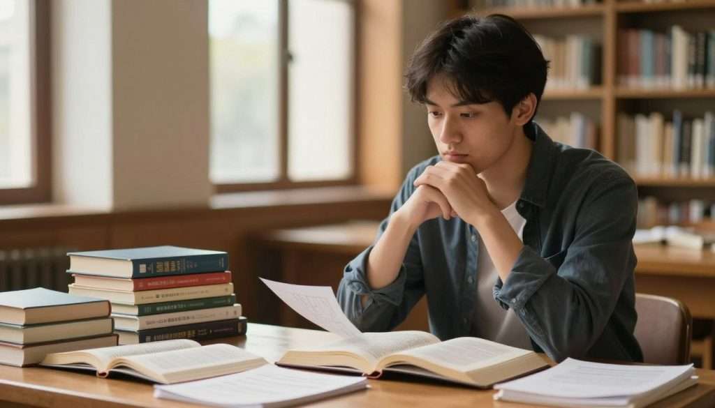 A thoughtful individual, sitting at a wooden desk cluttered with open books and scattered notes, looks introspective as they pause to reflect on their reading. The foreground features a focused expression on their face, conveying determination while wearing smart casual attire. In the middle ground, the desk holds a colorful stack of books, some open to pages filled with complex text and diagrams, symbolizing the challenge of understanding. Behind them, a soft-focus library backdrop with warm light filtering through tall windows creates a serene atmosphere, enhancing the sense of overcoming confusion. The lighting is warm and inviting, casting gentle shadows that add depth, creating an environment conducive to learning and mental clarity. The image should encapsulate a mood of perseverance and intellectual growth without any distractions. A thoughtful individual, sitting at a wooden desk cluttered with open books and scattered notes, looks introspective as they pause to reflect on their reading. The foreground features a focused expression on their face, conveying determination while wearing smart casual attire. In the middle ground, the desk holds a colorful stack of books, some open to pages filled with complex text and diagrams, symbolizing the challenge of understanding. Behind them, a soft-focus library backdrop with warm light filtering through tall windows creates a serene atmosphere, enhancing the sense of overcoming confusion. The lighting is warm and inviting, casting gentle shadows that add depth, creating an environment conducive to learning and mental clarity. The image should encapsulate a mood of perseverance and intellectual growth without any distractions.