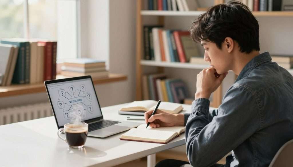 A thoughtful person seated at a modern desk in a brightly lit room filled with books and learning materials, gazing intently at an open notebook while jotting down notes. In the foreground, a steaming cup of coffee rests beside a laptop displaying a mind map of interconnected questions. The middle ground features shelves filled with colorful books on critical thinking and philosophy, emphasizing a learning environment. In the background, a large window lets in warm, natural light that casts soft shadows, creating a tranquil atmosphere conducive to deep reflection. The mood is focused and contemplative, capturing the essence of developing critical thinking skills through the art of questioning. The person is dressed in smart casual attire, projecting professionalism and approachability. A thoughtful person seated at a modern desk in a brightly lit room filled with books and learning materials, gazing intently at an open notebook while jotting down notes. In the foreground, a steaming cup of coffee rests beside a laptop displaying a mind map of interconnected questions. The middle ground features shelves filled with colorful books on critical thinking and philosophy, emphasizing a learning environment. In the background, a large window lets in warm, natural light that casts soft shadows, creating a tranquil atmosphere conducive to deep reflection. The mood is focused and contemplative, capturing the essence of developing critical thinking skills through the art of questioning. The person is dressed in smart casual attire, projecting professionalism and approachability.