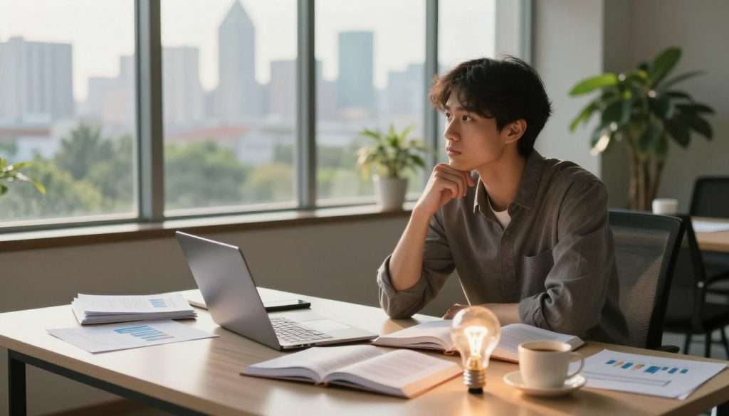 A thoughtful professional sitting at a modern desk covered with open books, charts, and a laptop, contemplating a decision. The foreground features a coffee cup and a glowing light bulb, symbolizing ideas. In the middle ground, a large window reveals a city skyline bathed in warm sunlight, casting soft shadows across the workspace, enhancing the atmosphere of reflection and possibility. The background features lush greenery outside, suggesting growth and exploration. The lighting is soft and inviting, creating a mood of curiosity and openness. Capture the image from a slightly elevated angle to give a holistic view of the scene, emphasizing the individual’s engaged expression as they weigh options thoughtfully. A thoughtful professional sitting at a modern desk covered with open books, charts, and a laptop, contemplating a decision. The foreground features a coffee cup and a glowing light bulb, symbolizing ideas. In the middle ground, a large window reveals a city skyline bathed in warm sunlight, casting soft shadows across the workspace, enhancing the atmosphere of reflection and possibility. The background features lush greenery outside, suggesting growth and exploration. The lighting is soft and inviting, creating a mood of curiosity and openness. Capture the image from a slightly elevated angle to give a holistic view of the scene, emphasizing the individual’s engaged expression as they weigh options thoughtfully.