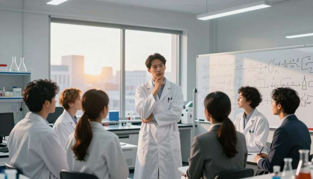 A thoughtful scientist standing confidently in a modern laboratory, surrounded by whiteboards filled with complex equations and diagrams. In the foreground, a diverse group of individuals, dressed in professional business attire, engage in animated discussion, showcasing teamwork and collaboration. In the middle ground, a large window reveals an inspiring view of a cityscape bathed in warm, golden sunlight, symbolizing enlightenment and discovery. Bright fluorescent lights illuminate the space, casting a clear, focused glow on the scientists' expressions, which reflect determination and curiosity. The atmosphere is vibrant yet serious, embodying the spirit of problem-solving and scientific reasoning as they tackle mental blocks together. This setting is designed to inspire and motivate viewers to approach challenges scientifically. A thoughtful scientist standing confidently in a modern laboratory, surrounded by whiteboards filled with complex equations and diagrams. In the foreground, a diverse group of individuals, dressed in professional business attire, engage in animated discussion, showcasing teamwork and collaboration. In the middle ground, a large window reveals an inspiring view of a cityscape bathed in warm, golden sunlight, symbolizing enlightenment and discovery. Bright fluorescent lights illuminate the space, casting a clear, focused glow on the scientists' expressions, which reflect determination and curiosity. The atmosphere is vibrant yet serious, embodying the spirit of problem-solving and scientific reasoning as they tackle mental blocks together. This setting is designed to inspire and motivate viewers to approach challenges scientifically.