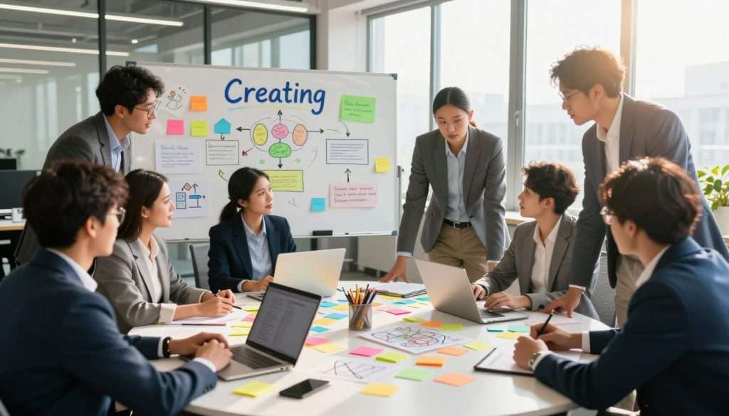 A vibrant and dynamic scene depicting the concept of "Creating" from Bloom's Taxonomy. In the foreground, a diverse group of professionals, dressed in smart business attire, collaborate around a large round table filled with colorful post-it notes, sketches, and technology devices. The middle ground features a whiteboard filled with brainstorming ideas and diagrams highlighting the creative process. The background shows a bright, modern office with large windows that allow sunlight to stream in, creating a warm and inspiring atmosphere. Soft shadows and highlights enhance the mood of innovation and teamwork. The lens captures a slight tilt to emphasize the dynamics of discussions, while the overall color palette combines energizing blues, greens, and yellows to evoke creativity. A vibrant and dynamic scene depicting the concept of "Creating" from Bloom's Taxonomy. In the foreground, a diverse group of professionals, dressed in smart business attire, collaborate around a large round table filled with colorful post-it notes, sketches, and technology devices. The middle ground features a whiteboard filled with brainstorming ideas and diagrams highlighting the creative process. The background shows a bright, modern office with large windows that allow sunlight to stream in, creating a warm and inspiring atmosphere. Soft shadows and highlights enhance the mood of innovation and teamwork. The lens captures a slight tilt to emphasize the dynamics of discussions, while the overall color palette combines energizing blues, greens, and yellows to evoke creativity.