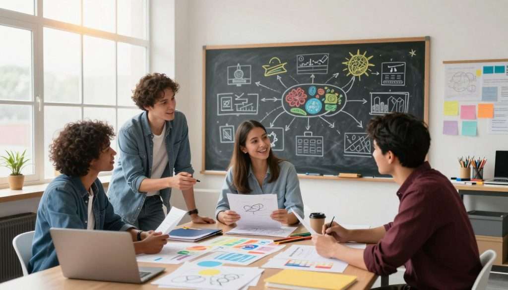 A vibrant and imaginative workspace filled with creative energy. In the foreground, a diverse group of three professionals—two men and one woman—are collaborating enthusiastically, surrounded by colorful sketches and brainstorming materials. They are dressed in smart casual attire, reflecting a blend of professionalism and creativity. The middle ground showcases a large chalkboard filled with bright ideas and mind maps, with art supplies scattered around. The background features large windows letting in warm, natural light, creating a bright and uplifting atmosphere. The scene captures an air of innovation, inspiration, and collaboration, conveying the excitement of overcoming mental blocks to stimulate originality. Use a wide-angle lens for depth and clarity, highlighting the dynamic interaction among the group. A vibrant and imaginative workspace filled with creative energy. In the foreground, a diverse group of three professionals—two men and one woman—are collaborating enthusiastically, surrounded by colorful sketches and brainstorming materials. They are dressed in smart casual attire, reflecting a blend of professionalism and creativity. The middle ground showcases a large chalkboard filled with bright ideas and mind maps, with art supplies scattered around. The background features large windows letting in warm, natural light, creating a bright and uplifting atmosphere. The scene captures an air of innovation, inspiration, and collaboration, conveying the excitement of overcoming mental blocks to stimulate originality. Use a wide-angle lens for depth and clarity, highlighting the dynamic interaction among the group.