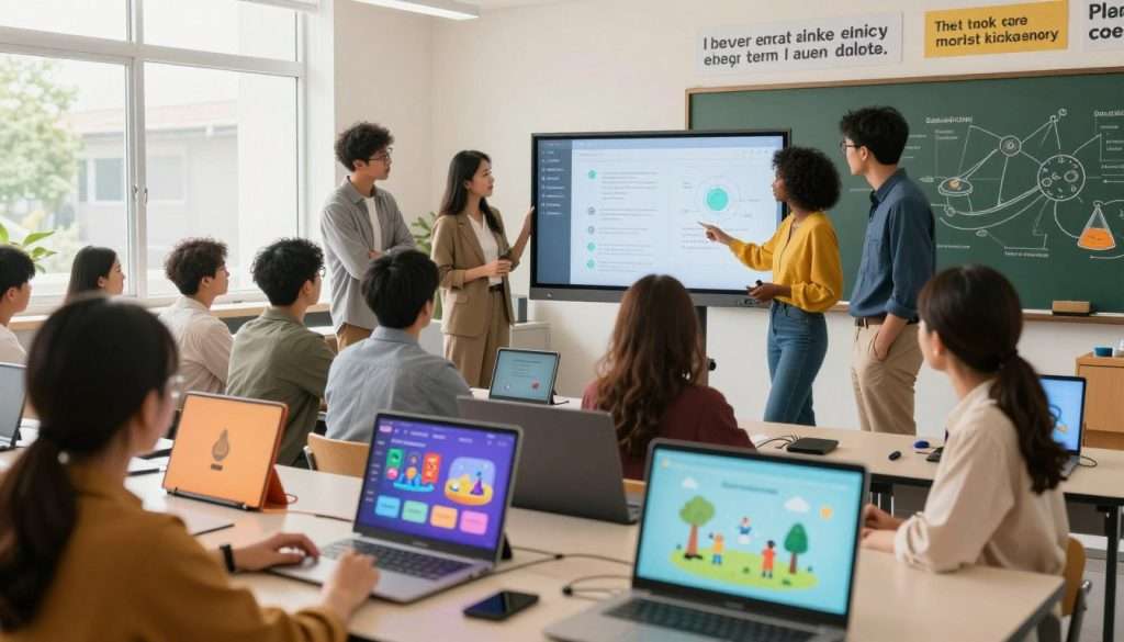 A vibrant classroom scene filled with interactive learning tools. In the foreground, a collection of colorful tablets and computers displaying educational apps and engaging animations. In the middle ground, a diverse group of professionals in smart casual attire gathers around a large touchscreen display, illustrating a collaborative learning experience. The background features walls adorned with inspiring educational quotes and diagrams of scientific concepts. Soft, natural lighting streams through large windows, creating an inviting and energetic atmosphere. The angle is slightly elevated, capturing the participants' expressions of curiosity and enthusiasm as they interact with the tools. This image should embody a sense of innovation and collaboration in modern education.