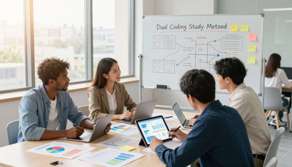 A vibrant, dynamic scene illustrating the concept of visual learning in a modern study environment. In the foreground, a diverse group of three professionals—two men and one woman—are engaged in a collaborative study session around a large table, each dressed in smart casual attire. They are surrounded by colorful charts, graphs, and digital tablets displaying infographics. In the middle ground, a large whiteboard filled with diagrams and sticky notes highlights the dual coding study method. The background features floor-to-ceiling windows allowing soft, warm sunlight to flood the room, creating an optimistic and focused atmosphere. The angle is slightly elevated, capturing both the engaging interaction among the learners and the various visual aids present, emphasizing the effectiveness of the study session. The overall mood is energetic and inspiring, reflecting a productive learning environment. A vibrant, dynamic scene illustrating the concept of visual learning in a modern study environment. In the foreground, a diverse group of three professionals—two men and one woman—are engaged in a collaborative study session around a large table, each dressed in smart casual attire. They are surrounded by colorful charts, graphs, and digital tablets displaying infographics. In the middle ground, a large whiteboard filled with diagrams and sticky notes highlights the dual coding study method. The background features floor-to-ceiling windows allowing soft, warm sunlight to flood the room, creating an optimistic and focused atmosphere. The angle is slightly elevated, capturing both the engaging interaction among the learners and the various visual aids present, emphasizing the effectiveness of the study session. The overall mood is energetic and inspiring, reflecting a productive learning environment.