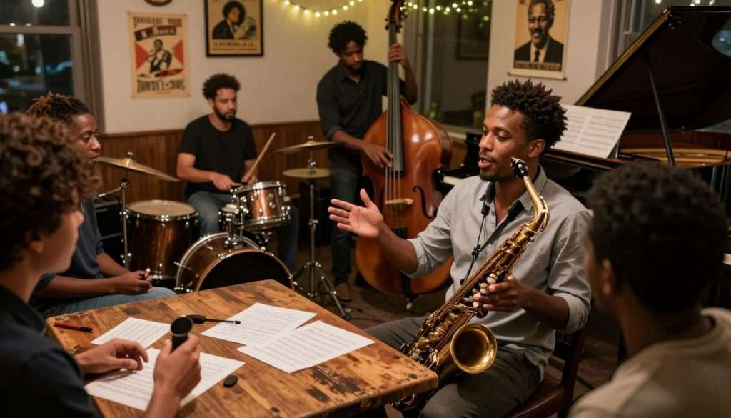 A vibrant jazz musician immersed in a lively jam session, sitting at a worn wooden table scattered with sheet music and musical notes. He is modestly dressed in a button-up shirt and slacks, passionately discussing strategies with fellow musicians, who are engaged and attentive. In the foreground, a saxophone rests beside him, its brass glinting under soft, warm lighting. The middle ground showcases a diverse group of musicians - a drummer, a bassist, and a pianist - each contributing to the creative energy. The background features an inviting room filled with musical instruments, vintage posters, and dimly lit string lights, creating an intimate atmosphere. The angle captures the dynamic interaction and camaraderie, highlighting the joy of collaborative learning in music. A vibrant jazz musician immersed in a lively jam session, sitting at a worn wooden table scattered with sheet music and musical notes. He is modestly dressed in a button-up shirt and slacks, passionately discussing strategies with fellow musicians, who are engaged and attentive. In the foreground, a saxophone rests beside him, its brass glinting under soft, warm lighting. The middle ground showcases a diverse group of musicians - a drummer, a bassist, and a pianist - each contributing to the creative energy. The background features an inviting room filled with musical instruments, vintage posters, and dimly lit string lights, creating an intimate atmosphere. The angle captures the dynamic interaction and camaraderie, highlighting the joy of collaborative learning in music.