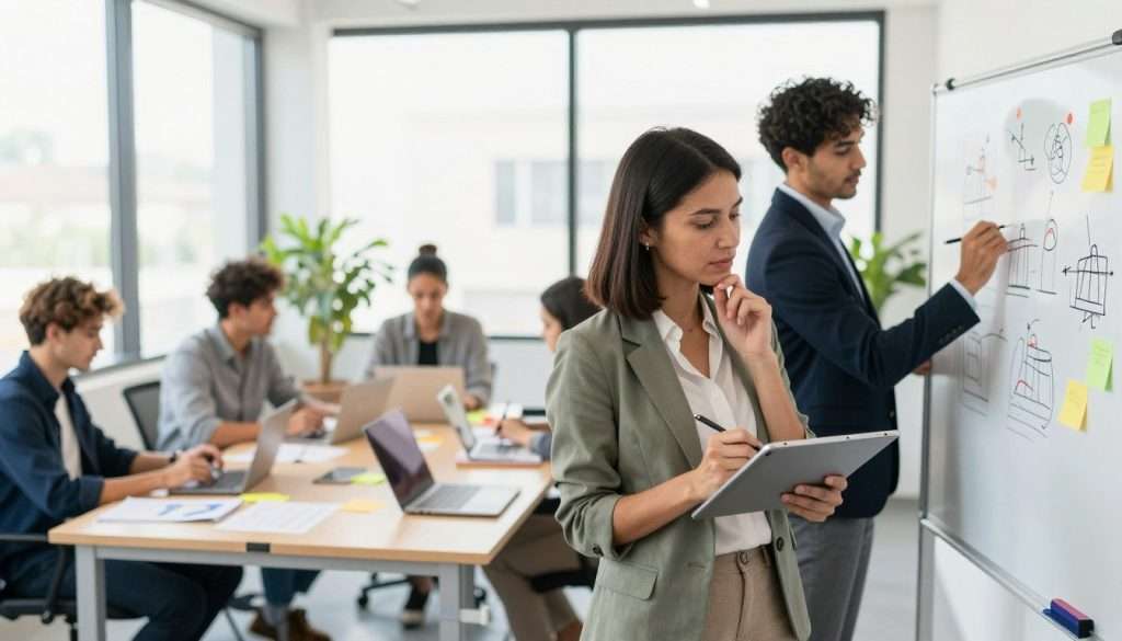 A vibrant office environment buzzing with creative energy, showcasing diverse professionals engaged in innovative brainstorming sessions. In the foreground, a thoughtful woman in smart casual attire sketches ideas on a digital tablet, while a man in a suit records notes on a whiteboard filled with colorful diagrams. The middle ground features a large table cluttered with laptops, sticky notes, and brainstorming materials, suggesting dynamic collaboration. In the background, large windows allow bright natural light to flood the room, illuminating the space and creating an inviting atmosphere. The overall mood is optimistic and forward-thinking, reflecting a strong sense of teamwork, creativity, and progress, captured with a slight depth of field effect to focus on the engaged individuals. The image should evoke the spirit of innovative thinking processes in a modern workplace.