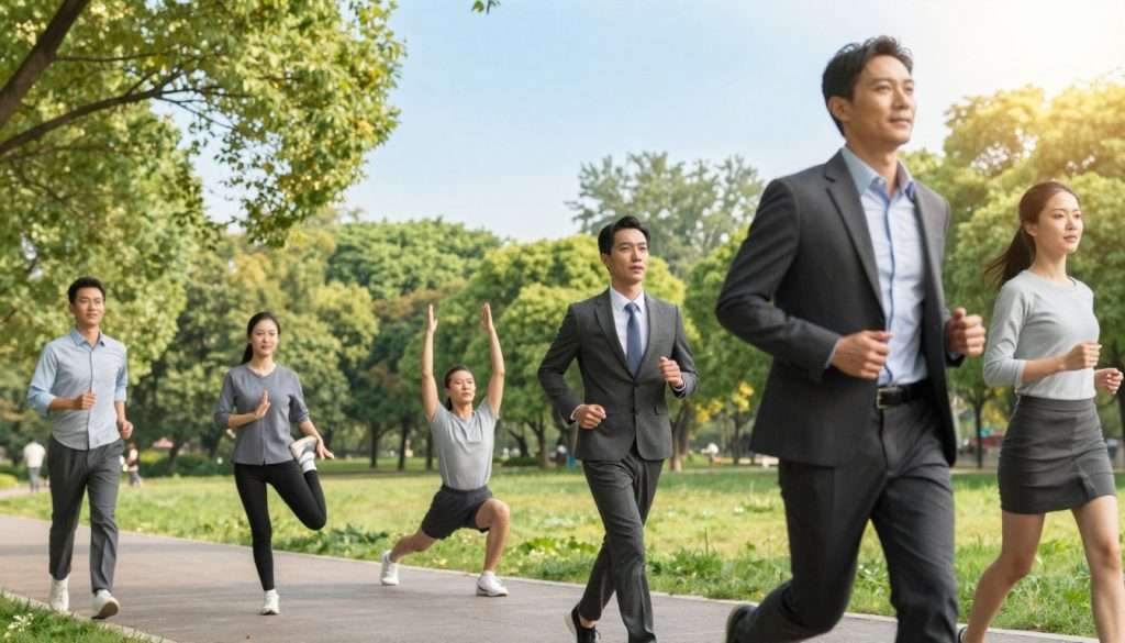 A vibrant scene depicting an outdoor park where individuals are engaged in various physical activities that stimulate cognitive function. In the foreground, a diverse group of people in professional business attire is jogging together, their expressions reflecting focus and determination. In the middle ground, a jogger pauses to stretch while another individual practices yoga, showcasing mindfulness and brain enhancement. The background features lush greenery and bright blue skies, with soft sunlight filtering through the trees, casting a warm glow over the entire scene. The composition should have a dynamic angle, perhaps slightly elevated to capture the energy of the activities. The atmosphere is uplifting and invigorating, conveying a sense of vitality and mental agility, perfect for illustrating brain power through physical activity. A vibrant scene depicting an outdoor park where individuals are engaged in various physical activities that stimulate cognitive function. In the foreground, a diverse group of people in professional business attire is jogging together, their expressions reflecting focus and determination. In the middle ground, a jogger pauses to stretch while another individual practices yoga, showcasing mindfulness and brain enhancement. The background features lush greenery and bright blue skies, with soft sunlight filtering through the trees, casting a warm glow over the entire scene. The composition should have a dynamic angle, perhaps slightly elevated to capture the energy of the activities. The atmosphere is uplifting and invigorating, conveying a sense of vitality and mental agility, perfect for illustrating brain power through physical activity.