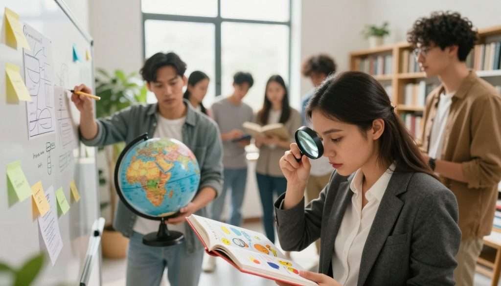 A vibrant scene illustrating a diverse group of individuals engaged in various activities that depict a curiosity mindset. In the foreground, a young woman in professional attire is peering through a magnifying glass at a colorful, open book filled with illustrations and questions, symbolizing exploration. Nearby, a thoughtful man wearing modest casual clothing examines a globe with great interest. In the middle ground, a diverse group of people are collaboratively brainstorming on a large whiteboard, surrounded by sticky notes and diagrams. The background features a bright, airy space filled with bookshelves and green plants, creating an atmosphere of inspiration and discovery. Soft, natural light filters in through large windows, enhancing the warm and inviting mood of the scene. The angle captures the engagement and excitement of learning and discovery, embodying the essence of a curious life. A vibrant scene illustrating a diverse group of individuals engaged in various activities that depict a curiosity mindset. In the foreground, a young woman in professional attire is peering through a magnifying glass at a colorful, open book filled with illustrations and questions, symbolizing exploration. Nearby, a thoughtful man wearing modest casual clothing examines a globe with great interest. In the middle ground, a diverse group of people are collaboratively brainstorming on a large whiteboard, surrounded by sticky notes and diagrams. The background features a bright, airy space filled with bookshelves and green plants, creating an atmosphere of inspiration and discovery. Soft, natural light filters in through large windows, enhancing the warm and inviting mood of the scene. The angle captures the engagement and excitement of learning and discovery, embodying the essence of a curious life.
