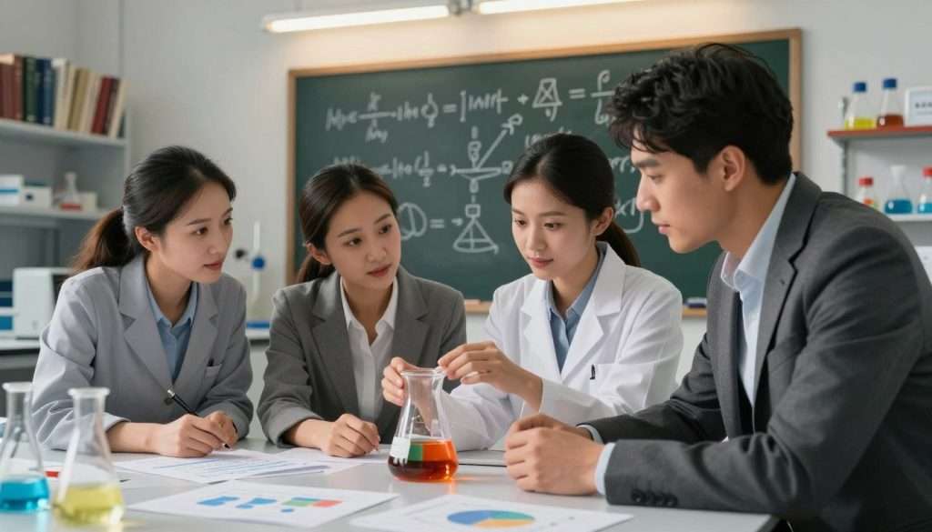 A vibrant scientific inquiry scene in a well-lit laboratory. In the foreground, a diverse group of three professionals—two men and one woman—are deeply engaged in discussion, wearing smart business attire. They examine a transparent glass beaker filled with colorful liquids. On the table, scattered papers with graphs and notes symbolize critical thinking processes. In the middle ground, a large chalkboard is filled with complex equations and diagrams, highlighting the scientific method. The background features shelves lined with books and laboratory equipment, softly illuminated by overhead lights, giving an atmosphere of intellectual curiosity and collaboration. The warm lighting and focused expressions evoke a sense of determination to overcome cognitive biases through scientific inquiry, inspiring creativity and innovative thinking. A vibrant scientific inquiry scene in a well-lit laboratory. In the foreground, a diverse group of three professionals—two men and one woman—are deeply engaged in discussion, wearing smart business attire. They examine a transparent glass beaker filled with colorful liquids. On the table, scattered papers with graphs and notes symbolize critical thinking processes. In the middle ground, a large chalkboard is filled with complex equations and diagrams, highlighting the scientific method. The background features shelves lined with books and laboratory equipment, softly illuminated by overhead lights, giving an atmosphere of intellectual curiosity and collaboration. The warm lighting and focused expressions evoke a sense of determination to overcome cognitive biases through scientific inquiry, inspiring creativity and innovative thinking.