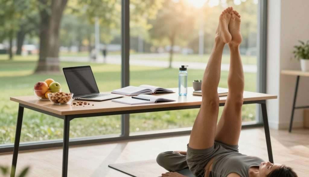 A vibrant workspace filled with natural light, showcasing a professional, focused individual engaged in physical well-being activities. In the foreground, a person in modest casual clothing, practicing yoga or stretching on a mat, exuding calm and concentration. In the middle, a modern desk with neatly arranged study materials, a laptop, healthy snacks like fruits and nuts, and a water bottle, symbolizing productivity. In the background, large windows reveal a green park, with trees and sunlight filtering in, creating an energizing atmosphere. The scene has warm, inviting lighting, with a shallow depth of field that emphasizes the individual in the foreground while softly blurring the background, conveying a serene and motivational mood.