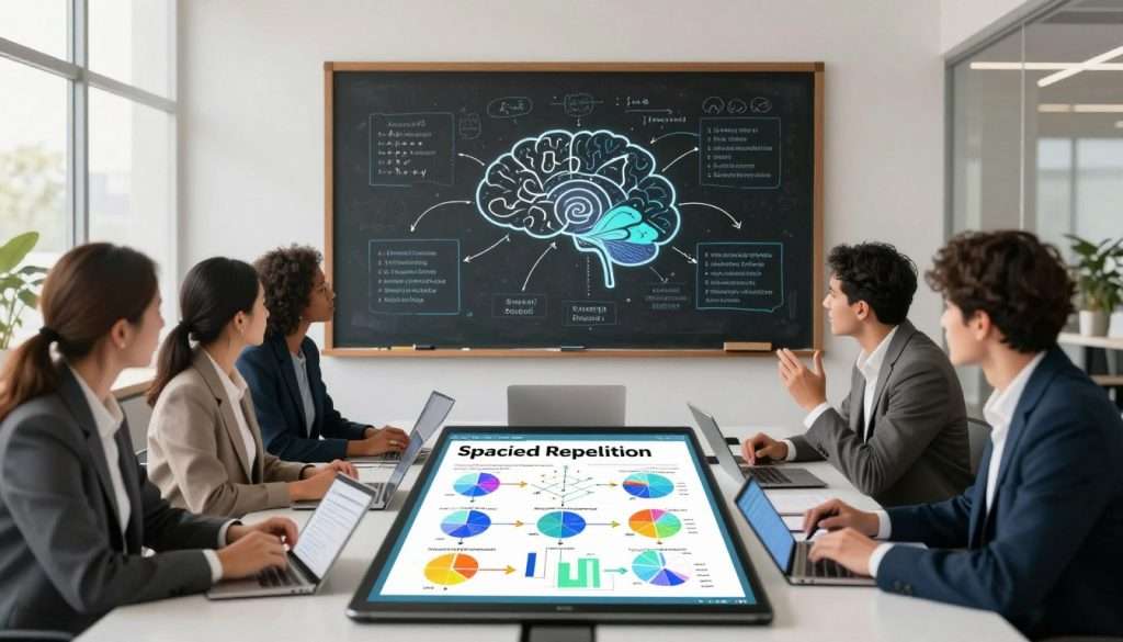 A visually captivating illustration of advanced strategies for spaced repetition, emphasizing the complexity of memory techniques. In the foreground, a diverse group of professionals, dressed in business attire, are actively engaged in dynamic discussions around a large, high-tech table filled with digital tablets displaying colorful charts and diagrams of spaced repetition algorithms. The middle ground features a digital blackboard with intricate mind maps and connected concepts related to complex subjects like mathematics and languages. In the background, a modern office environment with large windows shows a bright, sunny day, reflecting an atmosphere of innovation and focus. The lighting is soft and warm, creating an inviting yet productive mood, with a slight depth of field enhancing the focus on the group's collaboration and interactive displays. A visually captivating illustration of advanced strategies for spaced repetition, emphasizing the complexity of memory techniques. In the foreground, a diverse group of professionals, dressed in business attire, are actively engaged in dynamic discussions around a large, high-tech table filled with digital tablets displaying colorful charts and diagrams of spaced repetition algorithms. The middle ground features a digital blackboard with intricate mind maps and connected concepts related to complex subjects like mathematics and languages. In the background, a modern office environment with large windows shows a bright, sunny day, reflecting an atmosphere of innovation and focus. The lighting is soft and warm, creating an inviting yet productive mood, with a slight depth of field enhancing the focus on the group's collaboration and interactive displays.