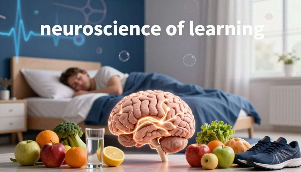 A visually captivating representation of the "neuroscience of learning," focusing on the interconnected roles of sleep, nutrition, and physical exercise. In the foreground, a human brain is depicted with illuminated neural pathways, symbolizing active learning processes. Surrounding it, vibrant fruits and vegetables, alongside a glass of water, signify proper nutrition. A pair of running shoes and a yoga mat hint at the importance of physical exercise. In the middle ground, a cozy bedroom setting with a comfortable bed emphasizes the role of restorative sleep, adorned with calming colors like navy blue and soft white light. The background features an abstract representation of brain waves and neurons, with a gradient transition from dark to lighter hues, evoking a sense of enlightenment and clarity. The overall mood is inspiring and educational, inviting viewers to grasp the essence of effective learning.