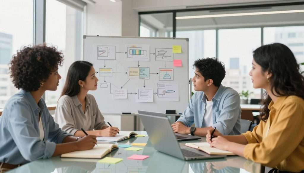 A visually compelling illustration of the critical thinking process in action, featuring a diverse group of three professionals—a Black woman, a Hispanic man, and a South Asian woman—collaborating at a sleek glass table in a modern office setting. In the foreground, they are surrounded by open notebooks, laptops, and colorful sticky notes, symbolizing brainstorming and problem-solving. In the middle ground, a large whiteboard filled with diagrams and flowcharts captures the essence of their critical analysis. The background reveals a bright, well-lit office with large windows showcasing a cityscape, conveying a sense of clarity and insight. The scene is bathed in warm, natural light, creating an atmosphere of collaboration and focus, with a slightly elevated camera angle to capture the dynamics of teamwork. A visually compelling illustration of the critical thinking process in action, featuring a diverse group of three professionals—a Black woman, a Hispanic man, and a South Asian woman—collaborating at a sleek glass table in a modern office setting. In the foreground, they are surrounded by open notebooks, laptops, and colorful sticky notes, symbolizing brainstorming and problem-solving. In the middle ground, a large whiteboard filled with diagrams and flowcharts captures the essence of their critical analysis. The background reveals a bright, well-lit office with large windows showcasing a cityscape, conveying a sense of clarity and insight. The scene is bathed in warm, natural light, creating an atmosphere of collaboration and focus, with a slightly elevated camera angle to capture the dynamics of teamwork.