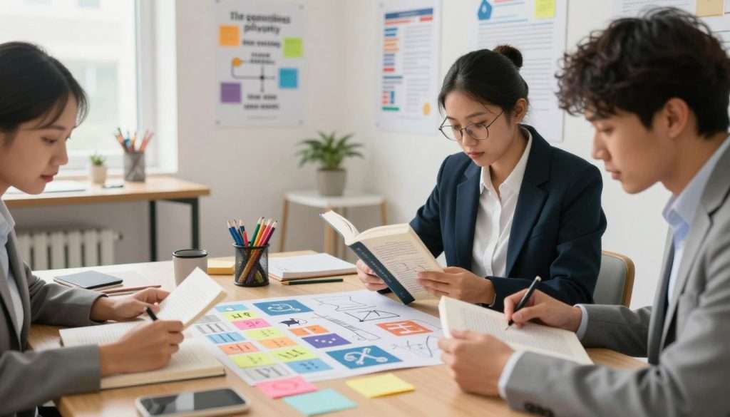 A visually engaging and educational scene illustrating interleaving study tips for better recall. In the foreground, a diverse group of three professional individuals, dressed in business attire, are actively engaged in studying. One person is flipping through different textbooks representing various subjects, while another uses colorful sticky notes to organize concepts. The middle ground features a large, organized study table with stationery, flashcards, and diagrams, displaying a blend of different academic themes, like math, science, and literature. In the background, a bright, well-lit room filled with motivational posters on cognitive psychology and study techniques, creating a productive atmosphere. Soft, warm lighting enhances the mood of collaboration and concentration, while a slight depth of field focuses on the study group, emphasizing their engagement in the learning process. A visually engaging and educational scene illustrating interleaving study tips for better recall. In the foreground, a diverse group of three professional individuals, dressed in business attire, are actively engaged in studying. One person is flipping through different textbooks representing various subjects, while another uses colorful sticky notes to organize concepts. The middle ground features a large, organized study table with stationery, flashcards, and diagrams, displaying a blend of different academic themes, like math, science, and literature. In the background, a bright, well-lit room filled with motivational posters on cognitive psychology and study techniques, creating a productive atmosphere. Soft, warm lighting enhances the mood of collaboration and concentration, while a slight depth of field focuses on the study group, emphasizing their engagement in the learning process.