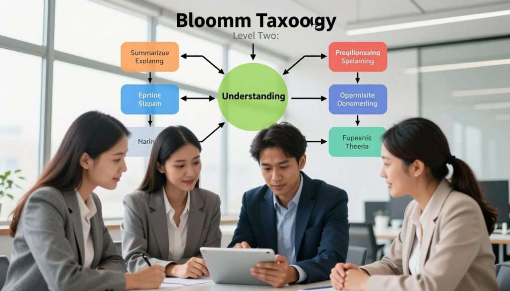 A visually engaging and informative illustration of Bloom's Taxonomy Level Two: Understanding. In the foreground, depict a diverse group of four professional individuals, two men and two women, actively discussing concepts on a digital tablet. They are dressed in business attire, showcasing a collaborative atmosphere. In the middle ground, incorporate colorful flowcharts and diagrams representing the understanding level, such as infographics displaying key concepts and examples of comprehension tasks like summarizing, explaining, and interpreting information. The background should be a modern, well-lit office space with large windows allowing natural light to flood in, creating a bright and positive ambiance. Use a soft focus to highlight the subjects and maintain clarity on the educational elements, conveying a mood of intellectual curiosity and teamwork. A visually engaging and informative illustration of Bloom's Taxonomy Level Two: Understanding. In the foreground, depict a diverse group of four professional individuals, two men and two women, actively discussing concepts on a digital tablet. They are dressed in business attire, showcasing a collaborative atmosphere. In the middle ground, incorporate colorful flowcharts and diagrams representing the understanding level, such as infographics displaying key concepts and examples of comprehension tasks like summarizing, explaining, and interpreting information. The background should be a modern, well-lit office space with large windows allowing natural light to flood in, creating a bright and positive ambiance. Use a soft focus to highlight the subjects and maintain clarity on the educational elements, conveying a mood of intellectual curiosity and teamwork.