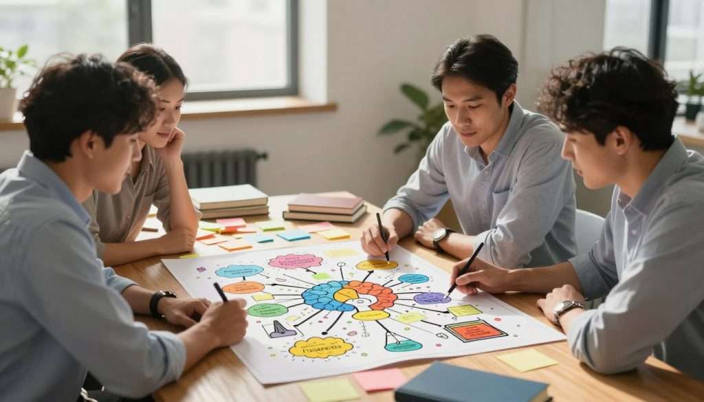 A visually engaging illustration depicting the concept of memorization through chunking strategies. In the foreground, a diverse group of three professionals—two men and one woman—are gathered around a large wooden table, intently analyzing a colorful mind map filled with interconnected ideas and diagrams. In the middle ground, an assortment of sticky notes in various colors and some books are spread across the table, emphasizing organization and categorization. The background features a modern office setting with large windows letting in warm, natural light, creating a bright and inviting atmosphere. Soft shadows are cast on the table, enhancing depth. The overall mood is collaborative and focused, suggesting teamwork in overcoming complex data through effective memorization techniques. A shallow depth of field softens the background, ensuring clear emphasis on the professionals and their materials. A visually engaging illustration depicting the concept of memorization through chunking strategies. In the foreground, a diverse group of three professionals—two men and one woman—are gathered around a large wooden table, intently analyzing a colorful mind map filled with interconnected ideas and diagrams. In the middle ground, an assortment of sticky notes in various colors and some books are spread across the table, emphasizing organization and categorization. The background features a modern office setting with large windows letting in warm, natural light, creating a bright and inviting atmosphere. Soft shadows are cast on the table, enhancing depth. The overall mood is collaborative and focused, suggesting teamwork in overcoming complex data through effective memorization techniques. A shallow depth of field softens the background, ensuring clear emphasis on the professionals and their materials.
