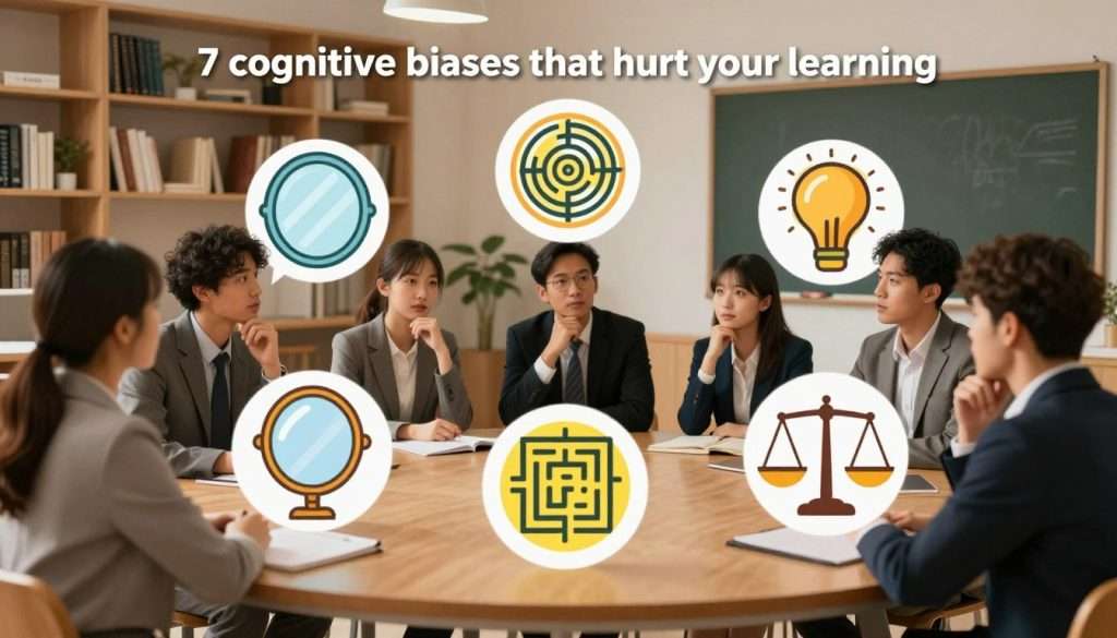 A visually engaging representation of "7 cognitive biases that hurt your learning," depicted as seven distinct, symbolic representations arranged in a circle. In the foreground, each bias is illustrated with a unique icon, such as a mirror for self-serving bias, a labyrinth for confirmation bias, and a scale for anchoring bias. The middle ground features a diverse group of people in business attire, contemplating the icons, with expressions of curiosity and realization. In the background, a softly lit, modern educational environment with bookshelves and a chalkboard enhances the atmosphere of a learning space. Use warm, inviting lighting to create a thoughtful and reflective mood, with a slight focus blur on the background elements to emphasize the cognitive biases in the foreground. A visually engaging representation of "7 cognitive biases that hurt your learning," depicted as seven distinct, symbolic representations arranged in a circle. In the foreground, each bias is illustrated with a unique icon, such as a mirror for self-serving bias, a labyrinth for confirmation bias, and a scale for anchoring bias. The middle ground features a diverse group of people in business attire, contemplating the icons, with expressions of curiosity and realization. In the background, a softly lit, modern educational environment with bookshelves and a chalkboard enhances the atmosphere of a learning space. Use warm, inviting lighting to create a thoughtful and reflective mood, with a slight focus blur on the background elements to emphasize the cognitive biases in the foreground.