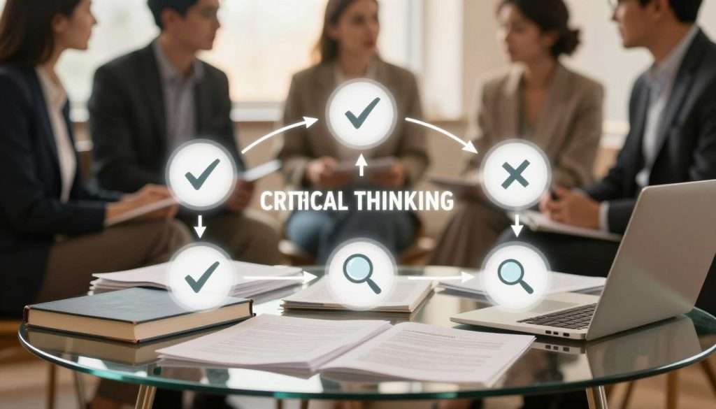 A visually engaging representation of a critical thinking framework, focused on evaluating information and sources. In the foreground, a clear glass table holds various sources of information like books, articles, and a laptop, each displaying symbols of evaluation such as checkmarks and magnifying glasses. In the middle, a stylized flowchart or diagram outlines critical thinking steps, with arrows linking each phase, bathed in soft, warm lighting to create an inviting atmosphere. The background features blurred silhouettes of people in professional attire, engaged in discussion, symbolizing collaboration and exchange of ideas. The overall mood is analytical yet approachable, encouraging viewers to engage with the subject matter seriously while maintaining a sense of warmth and inclusivity. A visually engaging representation of a critical thinking framework, focused on evaluating information and sources. In the foreground, a clear glass table holds various sources of information like books, articles, and a laptop, each displaying symbols of evaluation such as checkmarks and magnifying glasses. In the middle, a stylized flowchart or diagram outlines critical thinking steps, with arrows linking each phase, bathed in soft, warm lighting to create an inviting atmosphere. The background features blurred silhouettes of people in professional attire, engaged in discussion, symbolizing collaboration and exchange of ideas. The overall mood is analytical yet approachable, encouraging viewers to engage with the subject matter seriously while maintaining a sense of warmth and inclusivity.