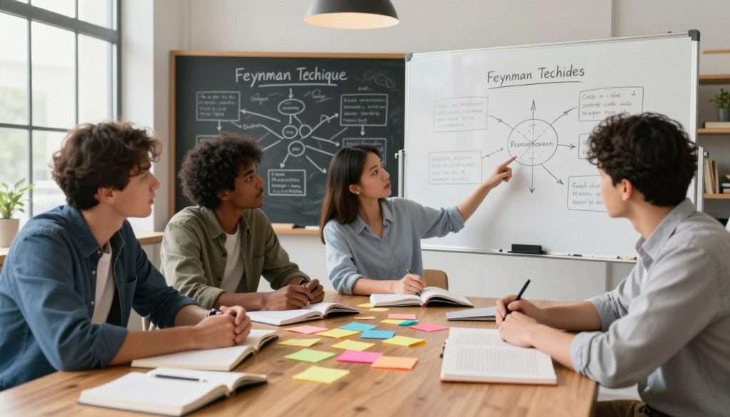 A visually engaging scene showcasing the Feynman Technique integrated with other study methods. In the foreground, a diverse group of three professionals—two men and one woman—dressed in smart casual attire, are gathered around a large wooden table cluttered with notebooks, colorful sticky notes, and open textbooks. Their expressions are focused and engaged as they discuss complex concepts, with the woman explaining a topic using a large diagram sketched on a whiteboard. In the middle ground, a chalkboard displays mind maps and flowcharts, illustrating the integration of various study techniques, such as summarization and spaced repetition. The background features a bright, modern study room with warm lighting streaming through large windows, creating an inspiring and collaborative atmosphere. The overall mood is one of curiosity and camaraderie, inviting viewers to explore the synergy of learning methods. A visually engaging scene showcasing the Feynman Technique integrated with other study methods. In the foreground, a diverse group of three professionals—two men and one woman—dressed in smart casual attire, are gathered around a large wooden table cluttered with notebooks, colorful sticky notes, and open textbooks. Their expressions are focused and engaged as they discuss complex concepts, with the woman explaining a topic using a large diagram sketched on a whiteboard. In the middle ground, a chalkboard displays mind maps and flowcharts, illustrating the integration of various study techniques, such as summarization and spaced repetition. The background features a bright, modern study room with warm lighting streaming through large windows, creating an inspiring and collaborative atmosphere. The overall mood is one of curiosity and camaraderie, inviting viewers to explore the synergy of learning methods.
