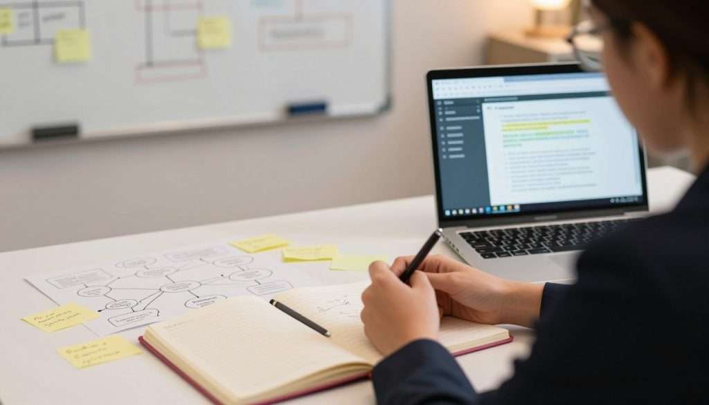 A visually engaging workspace showcasing effective note-taking strategies. In the foreground, a person in professional business attire, seated at a well-organized desk, is writing notes in a colorful notebook. The middle layer features scattered notes with diagrams and mind maps illustrating a dialogue format, emphasizing conversational flow. A laptop displays a digital document with highlighted text, suggesting active engagement with the material. In the background, a soft-focus whiteboard displays brainstormed ideas, enhancing the collaborative atmosphere. The lighting is warm and inviting, creating a sense of focus and productivity, with a slight overhead angle to capture the dynamic interplay between the note-taker and their materials. The overall mood should convey an atmosphere of creativity and purposeful learning. A visually engaging workspace showcasing effective note-taking strategies. In the foreground, a person in professional business attire, seated at a well-organized desk, is writing notes in a colorful notebook. The middle layer features scattered notes with diagrams and mind maps illustrating a dialogue format, emphasizing conversational flow. A laptop displays a digital document with highlighted text, suggesting active engagement with the material. In the background, a soft-focus whiteboard displays brainstormed ideas, enhancing the collaborative atmosphere. The lighting is warm and inviting, creating a sense of focus and productivity, with a slight overhead angle to capture the dynamic interplay between the note-taker and their materials. The overall mood should convey an atmosphere of creativity and purposeful learning.