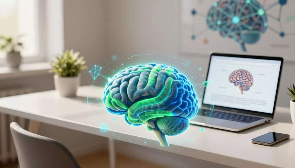 A visually striking illustration of "brain optimization," featuring a human brain in the foreground, glowing with vibrant colors like electric blue and vivid green, symbolizing active cognitive processes. Surrounding the brain are interconnected geometric shapes and data streams, representing targeted cognitive exercises and mental enhancement. In the middle ground, a serene workspace environment with soft, natural lighting, including a sleek desk, plants, and a laptop showcasing brain training exercises. In the background, a blurred abstract representation of neural networks, enhancing the concept of connected thought and focus. The scene conveys a sense of calm productivity and intellectual clarity, with a warm and inviting atmosphere. The perspective is slightly elevated, creating depth and emphasizing the brain's importance in the composition. A visually striking illustration of "brain optimization," featuring a human brain in the foreground, glowing with vibrant colors like electric blue and vivid green, symbolizing active cognitive processes. Surrounding the brain are interconnected geometric shapes and data streams, representing targeted cognitive exercises and mental enhancement. In the middle ground, a serene workspace environment with soft, natural lighting, including a sleek desk, plants, and a laptop showcasing brain training exercises. In the background, a blurred abstract representation of neural networks, enhancing the concept of connected thought and focus. The scene conveys a sense of calm productivity and intellectual clarity, with a warm and inviting atmosphere. The perspective is slightly elevated, creating depth and emphasizing the brain's importance in the composition.