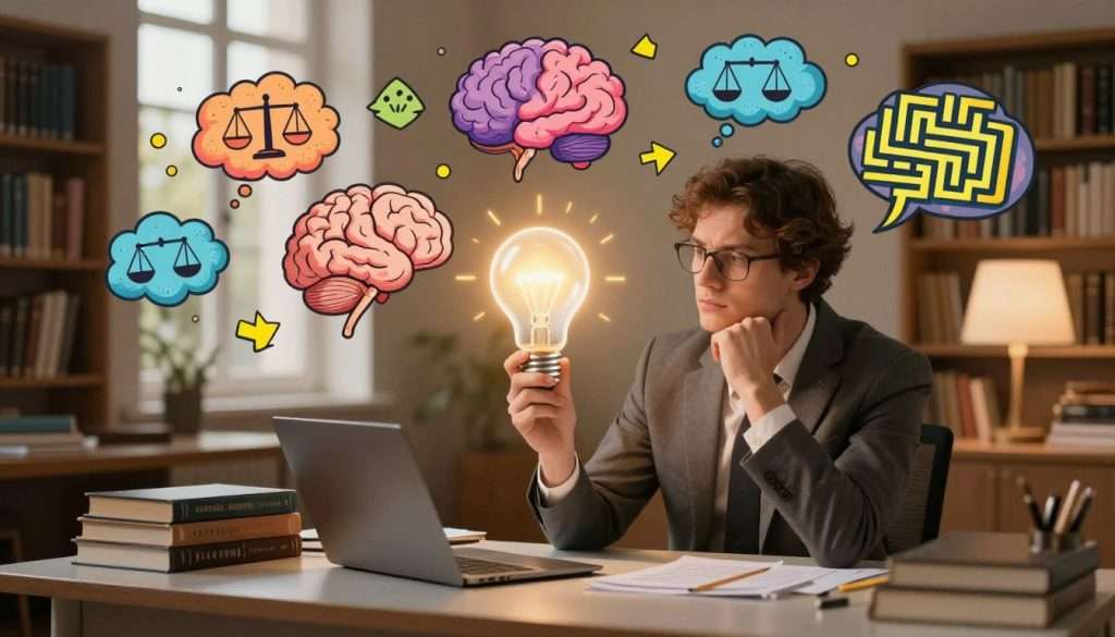 A visually striking representation of cognitive biases, emphasizing the concept of building a growth mindset. In the foreground, a thoughtful individual in professional attire, sitting at a sleek desk cluttered with books and notes, gazing at a glowing brain-shaped light bulb symbolizing new ideas. In the middle ground, various abstract representations of cognitive biases are illustrated as colorful, swirling thought clouds filled with symbols like scales, arrows, and mazes, signifying mental shortcuts. The background features a serene library setting with warm, inviting lighting and soft shadows, creating an atmosphere of introspection and learning. A shallow depth of field adds focus to the subject while gently blurring the surrounding biases, enhancing the idea of clarity breaking through mental clutter. A visually striking representation of cognitive biases, emphasizing the concept of building a growth mindset. In the foreground, a thoughtful individual in professional attire, sitting at a sleek desk cluttered with books and notes, gazing at a glowing brain-shaped light bulb symbolizing new ideas. In the middle ground, various abstract representations of cognitive biases are illustrated as colorful, swirling thought clouds filled with symbols like scales, arrows, and mazes, signifying mental shortcuts. The background features a serene library setting with warm, inviting lighting and soft shadows, creating an atmosphere of introspection and learning. A shallow depth of field adds focus to the subject while gently blurring the surrounding biases, enhancing the idea of clarity breaking through mental clutter.