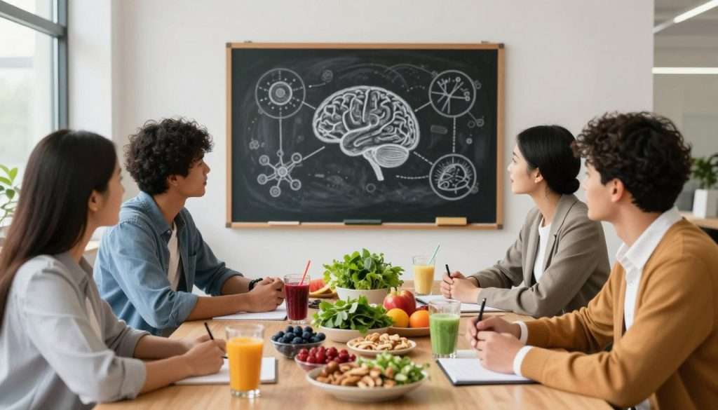 A visually striking scene depicting the concept of cognitive enhancement through nutrition. In the foreground, a diverse group of four professionals in smart casual attire is engaged in a collaborative brainstorming session. They surround a table adorned with vibrant, healthy foods such as berries, nuts, leafy greens, and smoothies, symbolizing brain-boosting nutrition. In the middle ground, a chalkboard displays diagrams illustrating neural connections and brain functions, highlighting the relationship between nutrition and cognitive ability. The background features a well-lit modern office space with large windows, allowing natural sunlight to stream in. The atmosphere should be inspiring and focused, creating a sense of innovation and collaboration. The composition is shot from a slightly elevated angle, emphasizing the table and the nutritious foods as the focal point of the image. A visually striking scene depicting the concept of cognitive enhancement through nutrition. In the foreground, a diverse group of four professionals in smart casual attire is engaged in a collaborative brainstorming session. They surround a table adorned with vibrant, healthy foods such as berries, nuts, leafy greens, and smoothies, symbolizing brain-boosting nutrition. In the middle ground, a chalkboard displays diagrams illustrating neural connections and brain functions, highlighting the relationship between nutrition and cognitive ability. The background features a well-lit modern office space with large windows, allowing natural sunlight to stream in. The atmosphere should be inspiring and focused, creating a sense of innovation and collaboration. The composition is shot from a slightly elevated angle, emphasizing the table and the nutritious foods as the focal point of the image.