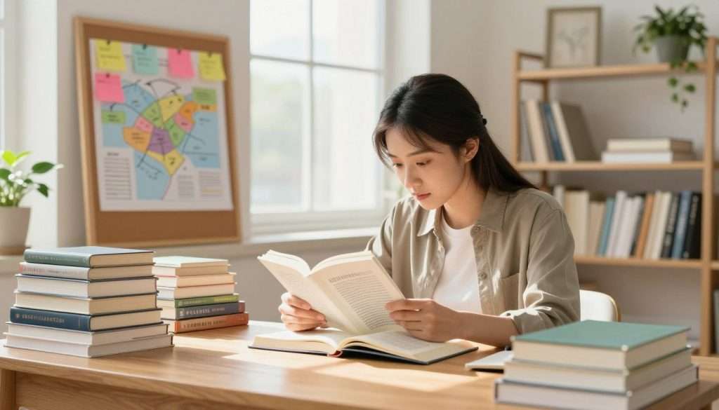 A visually striking scene of a cozy, well-lit study room depicting a young woman seated at a wooden desk, thoughtfully analyzing a thick textbook. She is dressed in smart casual attire, jotting down notes on a notepad. Surrounding her are organized stacks of textbooks and colorful sticky notes pinned on a corkboard, showcasing thematic maps that connect concepts visually. In the background, a large window lets in warm sunlight, casting gentle shadows and creating a serene atmosphere. Green plants adorn the shelves, adding a refreshing touch. The angle captures a sense of focus and introspection, with a shallow depth of field highlighting the woman while the books and thematic maps create a vibrant backdrop, embodying the idea of analytical reading approaches.