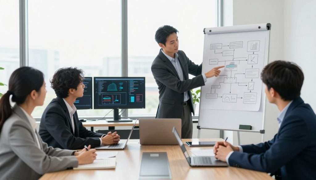 A well-lit modern office environment serves as the background, showcasing a large window with soft natural light streaming in. In the foreground, a diverse group of four professionals, dressed in smart business attire, are engaged in a structured brainstorming session around a sleek conference table. One individual is standing and pointing at a large flip chart filled with diagrams and flowcharts illustrating analytical thinking methods. The middle ground features technology such as laptops and digital displays that enhance the visual narrative of problem-solving techniques. The mood is focused and collaborative, emphasizing teamwork and innovation. The angle is slightly elevated to capture both the participants' expressions and the vibrant workspace around them, with a gentle depth of field to highlight the action without distractions. A well-lit modern office environment serves as the background, showcasing a large window with soft natural light streaming in. In the foreground, a diverse group of four professionals, dressed in smart business attire, are engaged in a structured brainstorming session around a sleek conference table. One individual is standing and pointing at a large flip chart filled with diagrams and flowcharts illustrating analytical thinking methods. The middle ground features technology such as laptops and digital displays that enhance the visual narrative of problem-solving techniques. The mood is focused and collaborative, emphasizing teamwork and innovation. The angle is slightly elevated to capture both the participants' expressions and the vibrant workspace around them, with a gentle depth of field to highlight the action without distractions.
