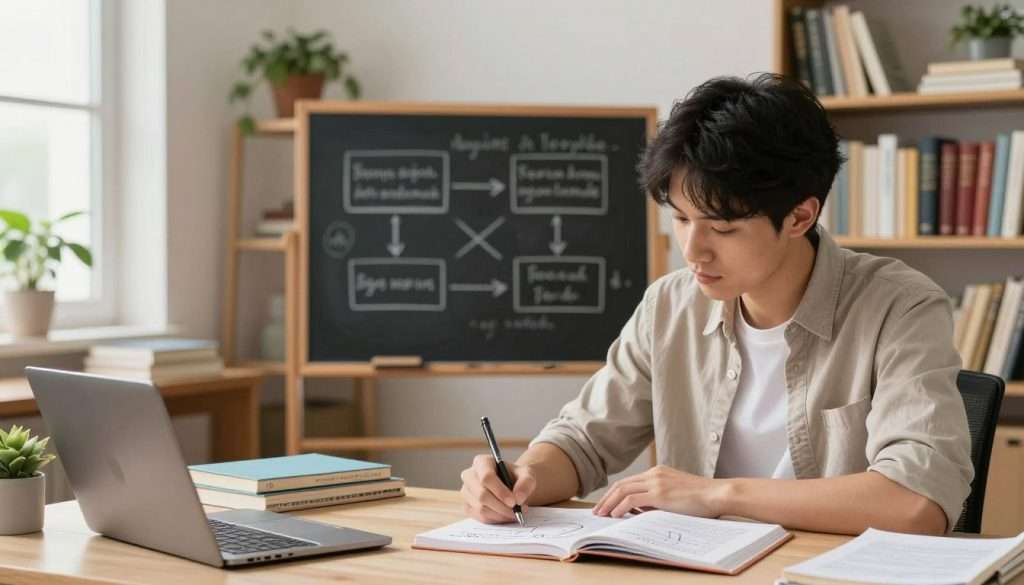 A well-lit study room filled with books and learning materials. In the foreground, a focused young adult in professional casual attire is sitting at a desk, deeply engaged in writing notes with a pen, surrounded by an open notebook filled with diagrams and simplified explanations, demonstrating the Feynman Technique. In the middle, a chalkboard is visible, sketched with concepts and arrows illustrating the process of explaining ideas simply to achieve deep understanding. The background features shelves lined with various educational books and plants, adding a touch of warmth. Soft natural light pours in through a window, creating a calm and inspiring atmosphere that encourages effective learning. The composition is balanced, shot from a slightly elevated angle to capture the entire scene beautifully. A well-lit study room filled with books and learning materials. In the foreground, a focused young adult in professional casual attire is sitting at a desk, deeply engaged in writing notes with a pen, surrounded by an open notebook filled with diagrams and simplified explanations, demonstrating the Feynman Technique. In the middle, a chalkboard is visible, sketched with concepts and arrows illustrating the process of explaining ideas simply to achieve deep understanding. The background features shelves lined with various educational books and plants, adding a touch of warmth. Soft natural light pours in through a window, creating a calm and inspiring atmosphere that encourages effective learning. The composition is balanced, shot from a slightly elevated angle to capture the entire scene beautifully.
