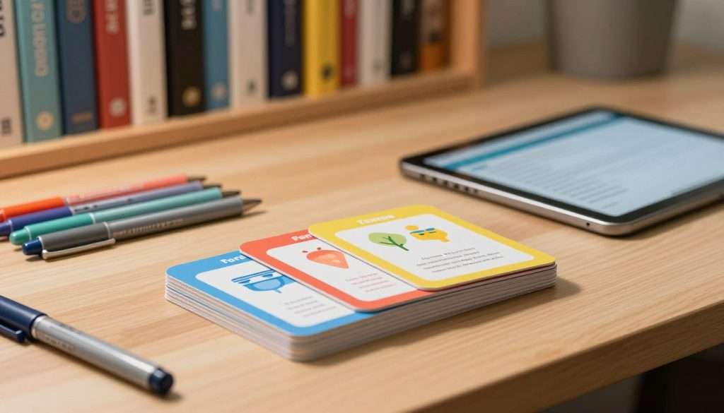 A well-organized study desk setup featuring a stack of colorful spaced repetition flashcards. In the foreground, focus on the flashcards, each displaying vivid colors and simple, clear illustrations that represent different learning concepts. Surrounding them, a neatly arranged set of colored pens and a digital tablet showing an educational application. In the middle ground, a soft, warm light illuminates the scene, creating inviting shadows and highlighting the textures of the desk. In the background, a blurred bookshelf filled with books on learning and memory enhancement. The atmosphere is calm and focused, evoking a sense of productivity and dedication to effective learning. The angle is slightly top-down, capturing the entire scene effectively without any text overlays or distractions. A well-organized study desk setup featuring a stack of colorful spaced repetition flashcards. In the foreground, focus on the flashcards, each displaying vivid colors and simple, clear illustrations that represent different learning concepts. Surrounding them, a neatly arranged set of colored pens and a digital tablet showing an educational application. In the middle ground, a soft, warm light illuminates the scene, creating inviting shadows and highlighting the textures of the desk. In the background, a blurred bookshelf filled with books on learning and memory enhancement. The atmosphere is calm and focused, evoking a sense of productivity and dedication to effective learning. The angle is slightly top-down, capturing the entire scene effectively without any text overlays or distractions.