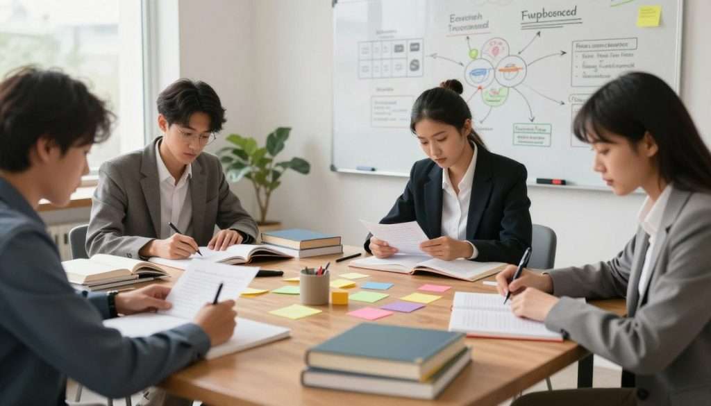 A well-organized study space depicting effective study techniques. In the foreground, a diverse group of three students, dressed in professional business attire and engaged in focused study activities, such as highlighting notes and discussing concepts. In the middle ground, a large wooden table cluttered with textbooks, notebooks, and colorful sticky notes, symbolizing different study strategies. A whiteboard filled with mind maps and diagrams looms in the background, showcasing visual learning techniques. Soft, natural light streams through a window, creating a warm and inviting atmosphere. The overall mood is focused and productive, inspiring viewers to adopt these effective study methods for better retention.