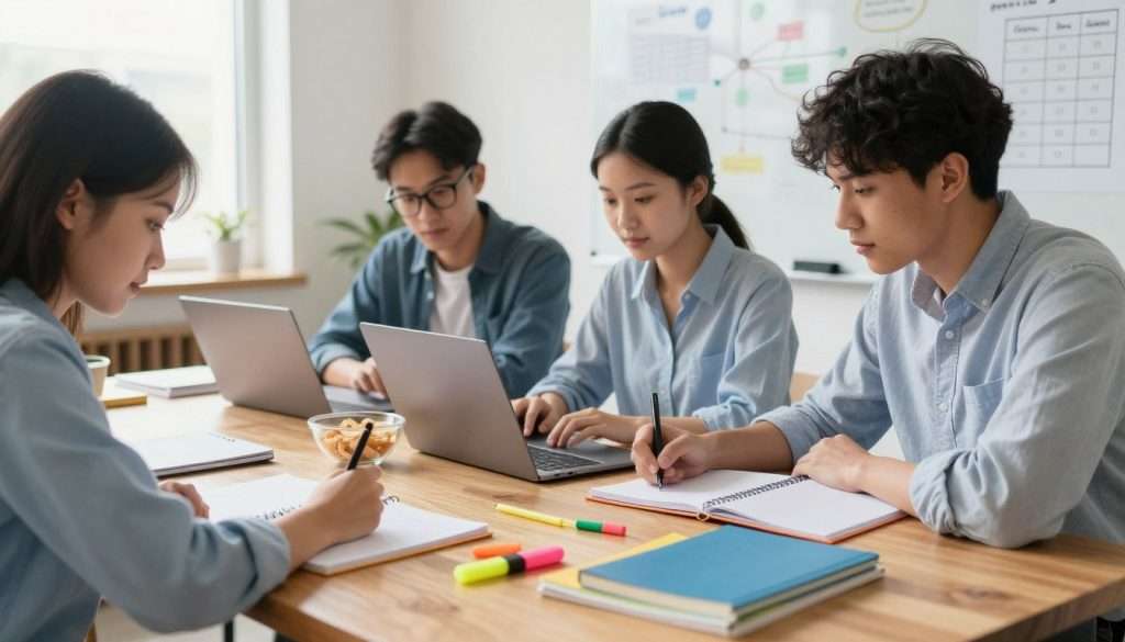 A well-organized study space featuring a diverse group of three students collaborating efficiently at a large wooden table. In the foreground, one student, dressed in professional casual attire, writes notes in a planner, surrounded by colorful study materials and highlighters. In the middle ground, another student, wearing glasses, analyzes data on a laptop, with a clear bowl of snacks nearby for energy. A whiteboard in the background displays mind maps and study schedules, bathed in soft, natural light coming from a window. The mood is focused and productive, with a sense of teamwork and motivation evident in their expressions. The overall atmosphere is calming yet energetic, evoking effective study techniques. A well-organized study space featuring a diverse group of three students collaborating efficiently at a large wooden table. In the foreground, one student, dressed in professional casual attire, writes notes in a planner, surrounded by colorful study materials and highlighters. In the middle ground, another student, wearing glasses, analyzes data on a laptop, with a clear bowl of snacks nearby for energy. A whiteboard in the background displays mind maps and study schedules, bathed in soft, natural light coming from a window. The mood is focused and productive, with a sense of teamwork and motivation evident in their expressions. The overall atmosphere is calming yet energetic, evoking effective study techniques.