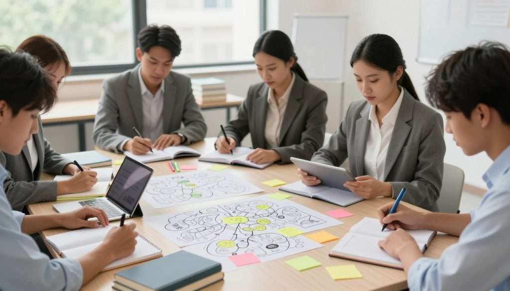 A well-organized study space featuring a high-achieving student engaged in diverse note-taking strategies. The foreground shows a diverse group of students (mixed genders and ethnicities) in professional business attire, focused on their notebooks and digital tablets, using color-coded sticky notes and highlighters. In the middle ground, various note-taking systems are visible, such as mind maps and outlines, spread on a large table. Books and academic materials are neatly arranged around them. The background features a bright and inspiring classroom with large windows letting in natural daylight, creating an energizing atmosphere. The scene conveys motivation and collaboration, emphasizing the role of effective note-taking in learning retention, captured with a soft-focus lens for a warm, inviting ambiance.