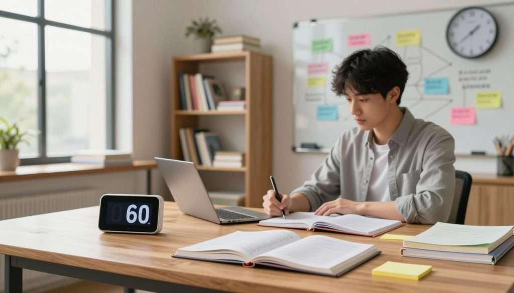 A well-organized study space showcasing advanced time management techniques for students. In the foreground, a sleek wooden desk cluttered with an open planner, a digital timer displaying 60 minutes, and color-coded sticky notes. A focused student in professional casual attire is seated at the desk, actively jotting notes and glancing at a wall clock. In the middle ground, shelves lined with neatly arranged books and study materials, alongside a whiteboard filled with colorful diagrams and motivational quotes. The background features a large window allowing soft, warm daylight to illuminate the scene, creating an inviting and productive atmosphere. The image captures a sense of calm, concentration, and efficiency in a modern study environment. A well-organized study space showcasing advanced time management techniques for students. In the foreground, a sleek wooden desk cluttered with an open planner, a digital timer displaying 60 minutes, and color-coded sticky notes. A focused student in professional casual attire is seated at the desk, actively jotting notes and glancing at a wall clock. In the middle ground, shelves lined with neatly arranged books and study materials, alongside a whiteboard filled with colorful diagrams and motivational quotes. The background features a large window allowing soft, warm daylight to illuminate the scene, creating an inviting and productive atmosphere. The image captures a sense of calm, concentration, and efficiency in a modern study environment.
