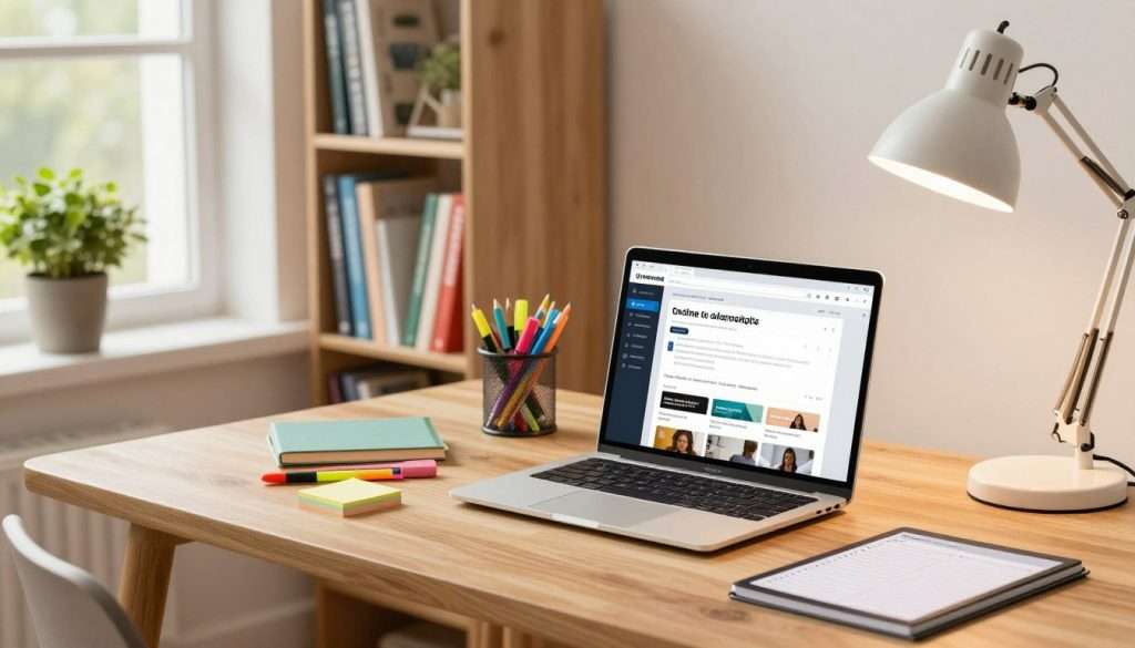 A well-organized study space showcasing various student productivity tools for academic growth. In the foreground, a sleek wooden desk with a laptop open to an online learning platform, surrounded by colorful stationery like sticky notes, highlighters, and a digital planner. In the middle ground, a tidy bookshelf filled with textbooks and academic guides, along with a potted plant for a touch of greenery. In the background, a large window with natural light streaming in, creating a warm and inviting atmosphere. Add elements like a modern desk lamp casting a soft glow. The scene should evoke a mood of focused productivity and inspiration, ideal for students seeking to enhance their academic performance. A well-organized study space showcasing various student productivity tools for academic growth. In the foreground, a sleek wooden desk with a laptop open to an online learning platform, surrounded by colorful stationery like sticky notes, highlighters, and a digital planner. In the middle ground, a tidy bookshelf filled with textbooks and academic guides, along with a potted plant for a touch of greenery. In the background, a large window with natural light streaming in, creating a warm and inviting atmosphere. Add elements like a modern desk lamp casting a soft glow. The scene should evoke a mood of focused productivity and inspiration, ideal for students seeking to enhance their academic performance.
